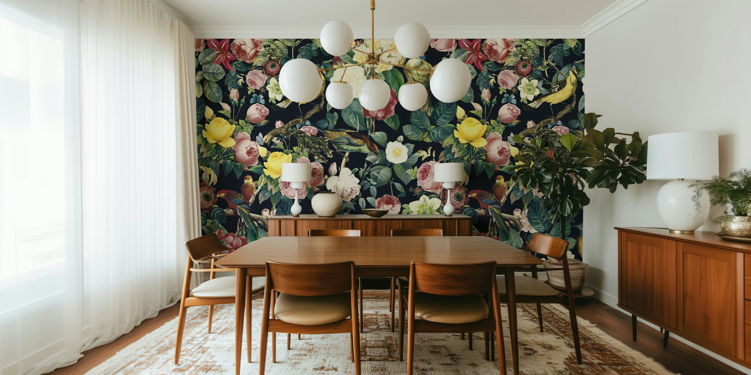 Floral and birds wallpaper displayed in a room