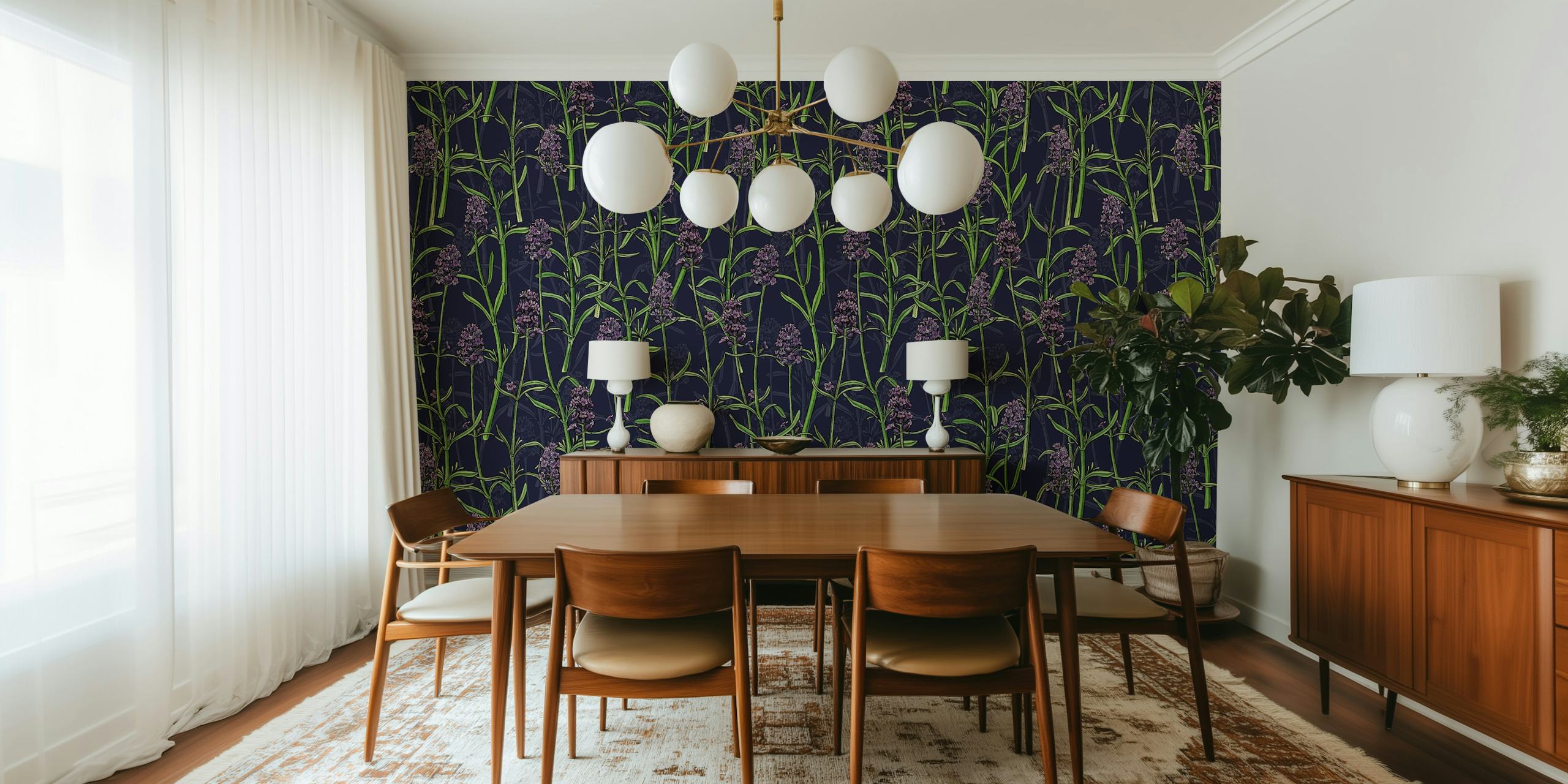 Lavender wall mural with dark background and green accents