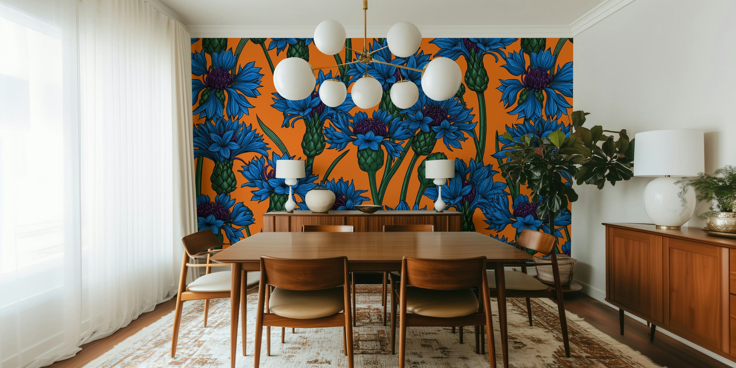 Blue cornflower floral wallpaper on an orange background