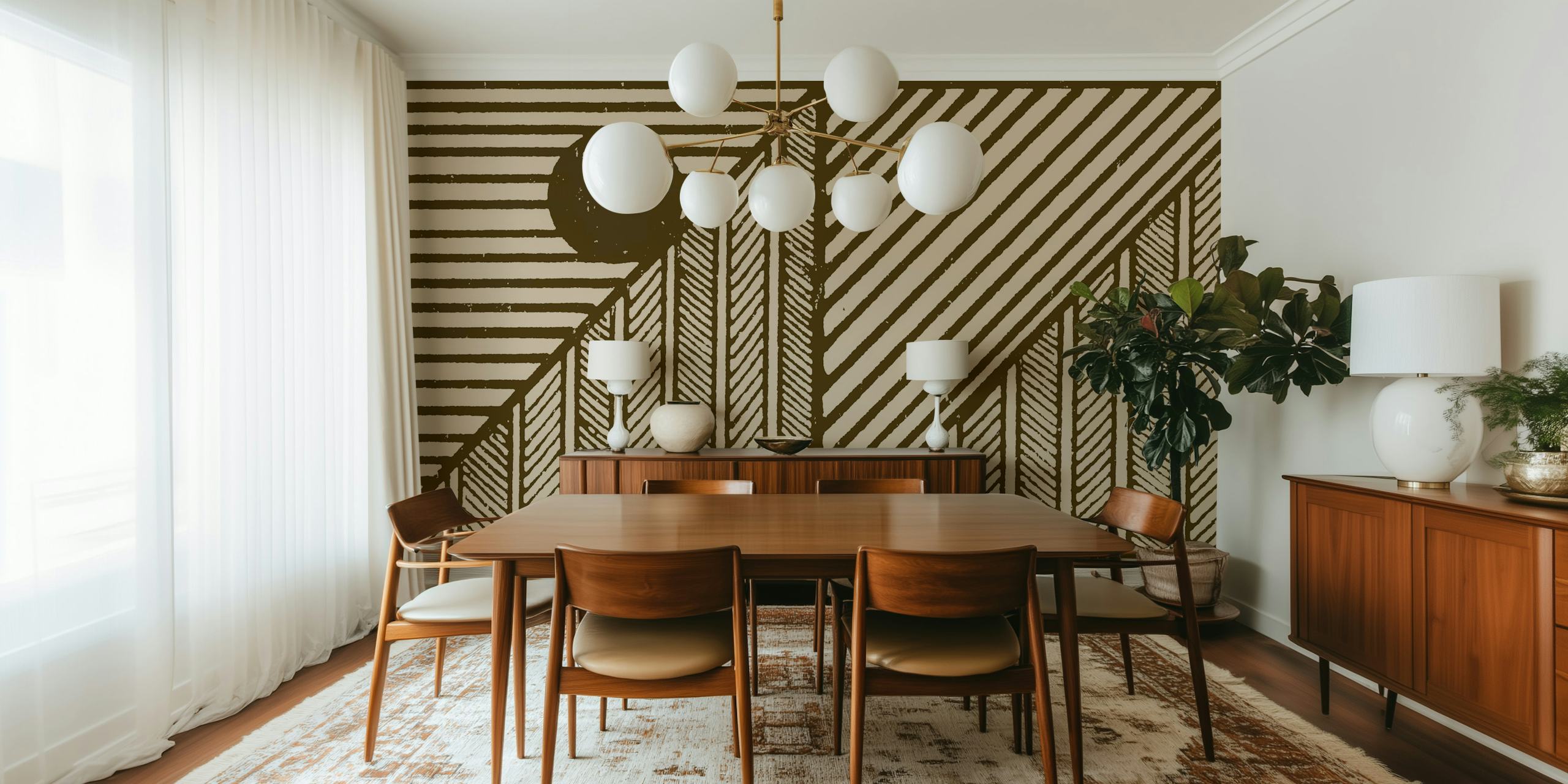 Geometric patterns in earthy tones featuring stripes and dots. Brown and beige wallpaper design.