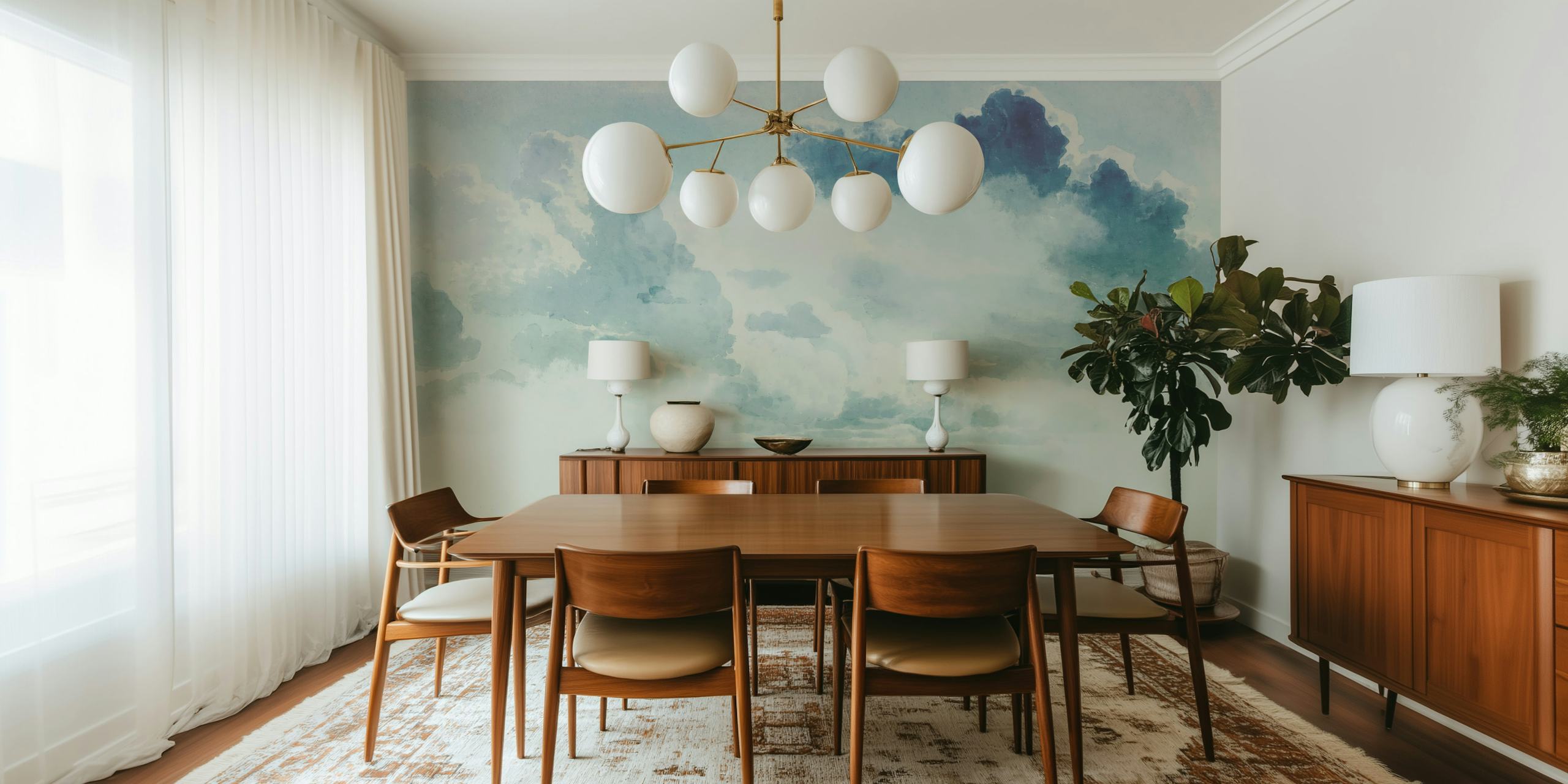 Pastel teal clouds wallpaper in a room