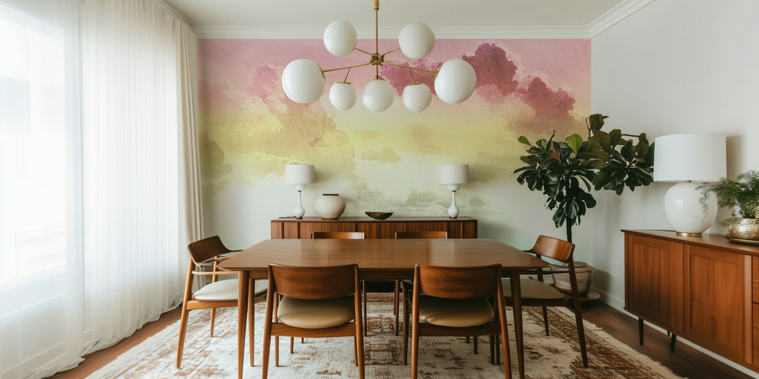 Pastel Rainbow Clouds behang getoond in een kamer