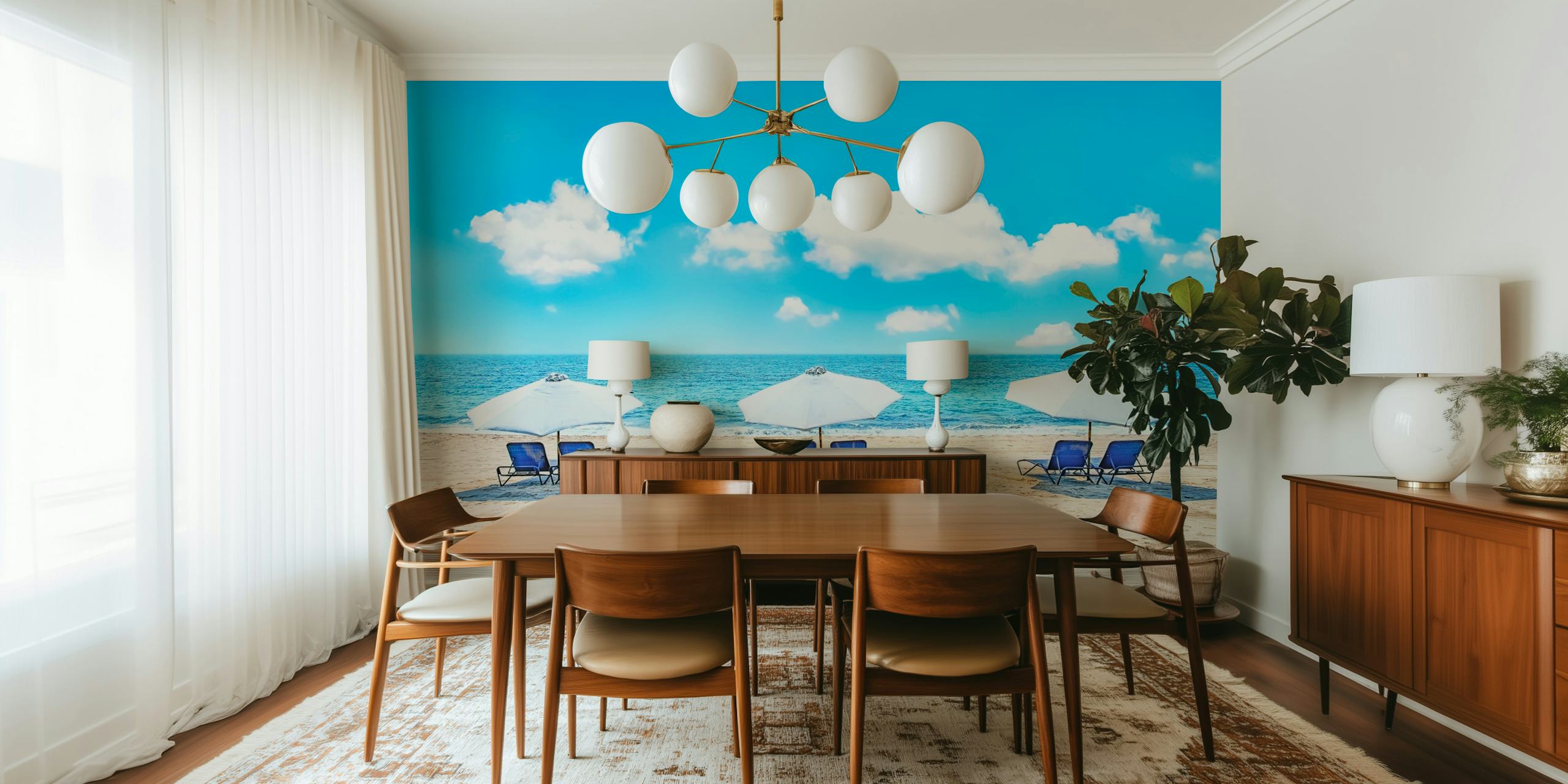 Papel pintado de playa con sombrillas y tumbonas