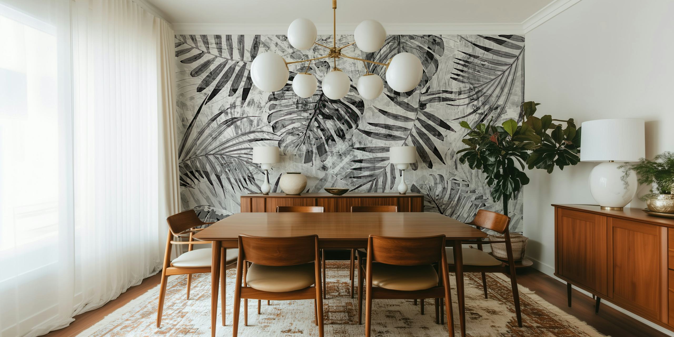 Carta da parati Tropical Grey Vintage Leaves in una stanza