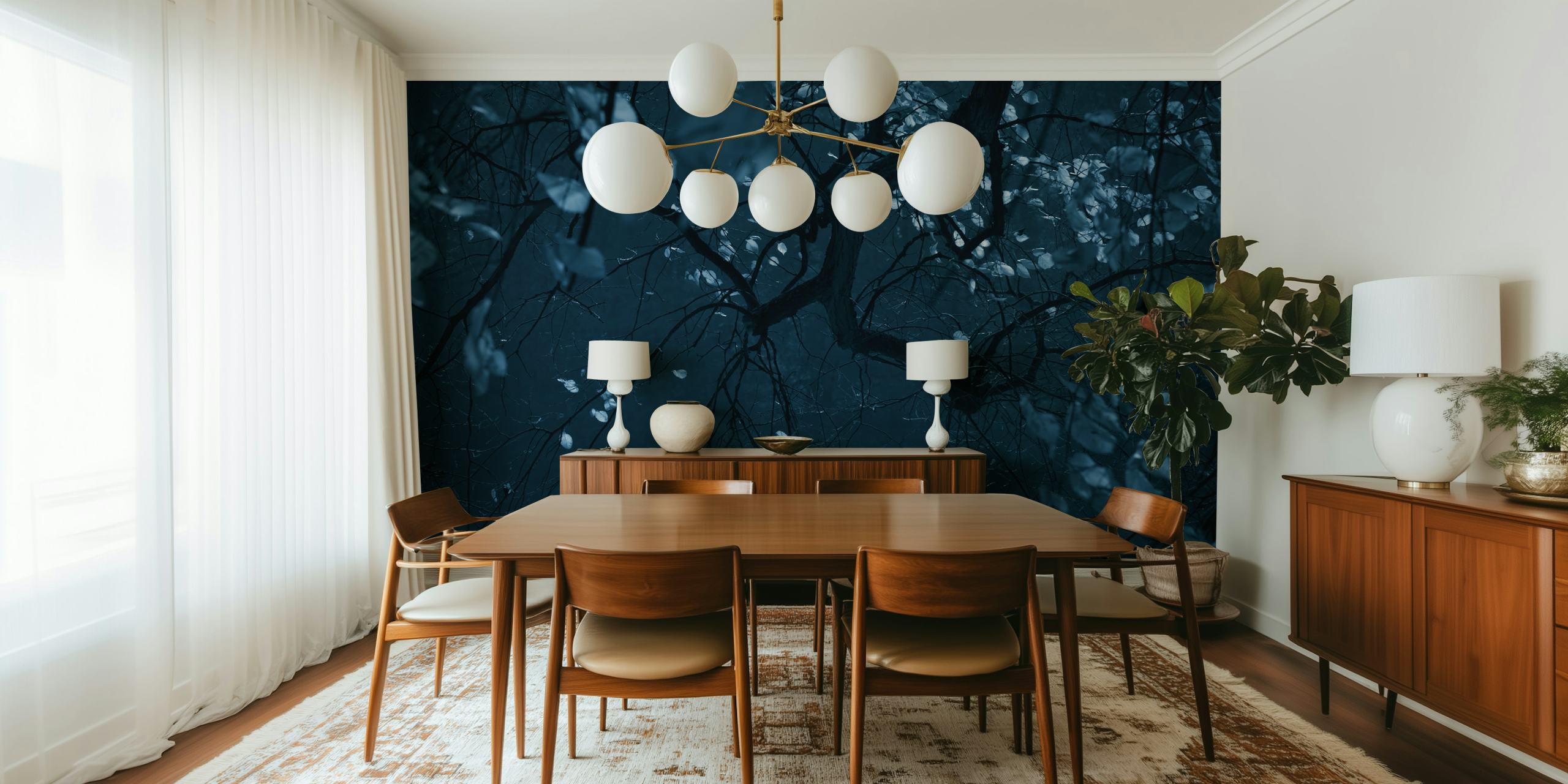 Dark branches with light leaves in blue tones wallpaper