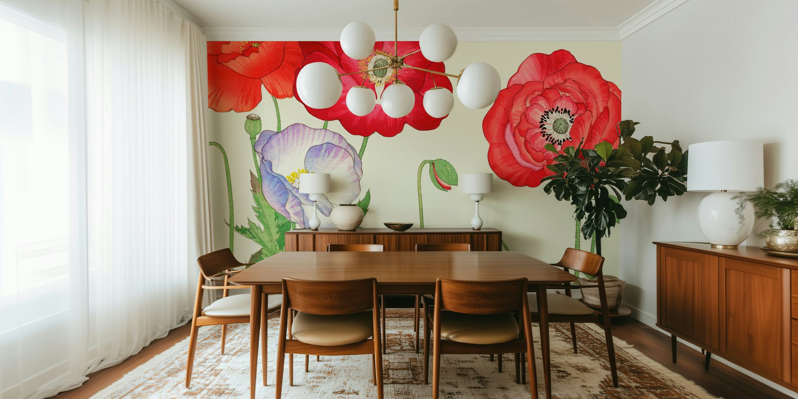 Red and purple poppy flowers with green foliage floral wallpaper