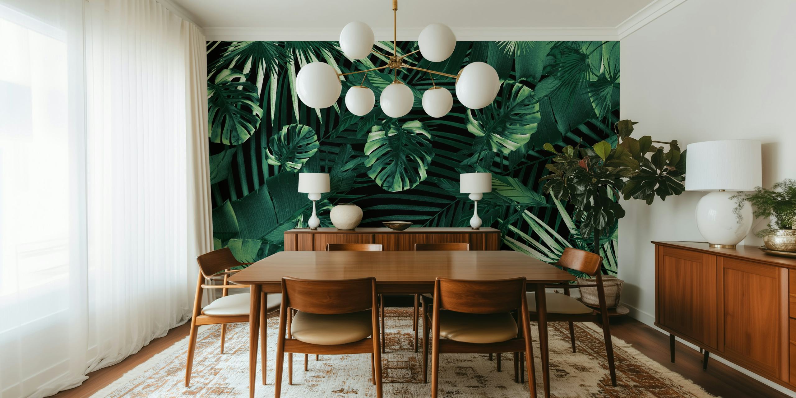 Tropical green palm leaves on black background wallpaper