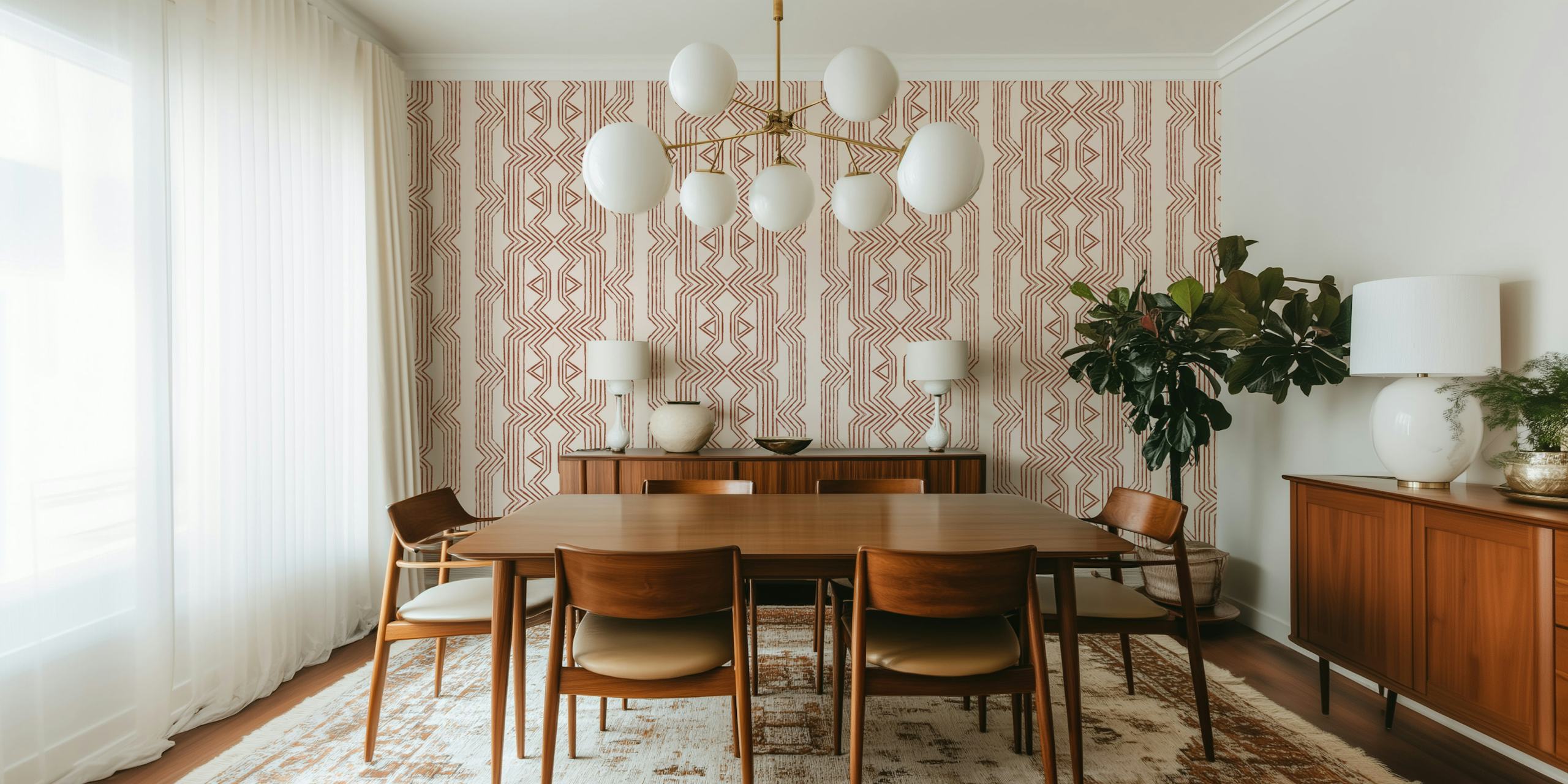 Geometric terracotta patterned wallpaper with linear designs