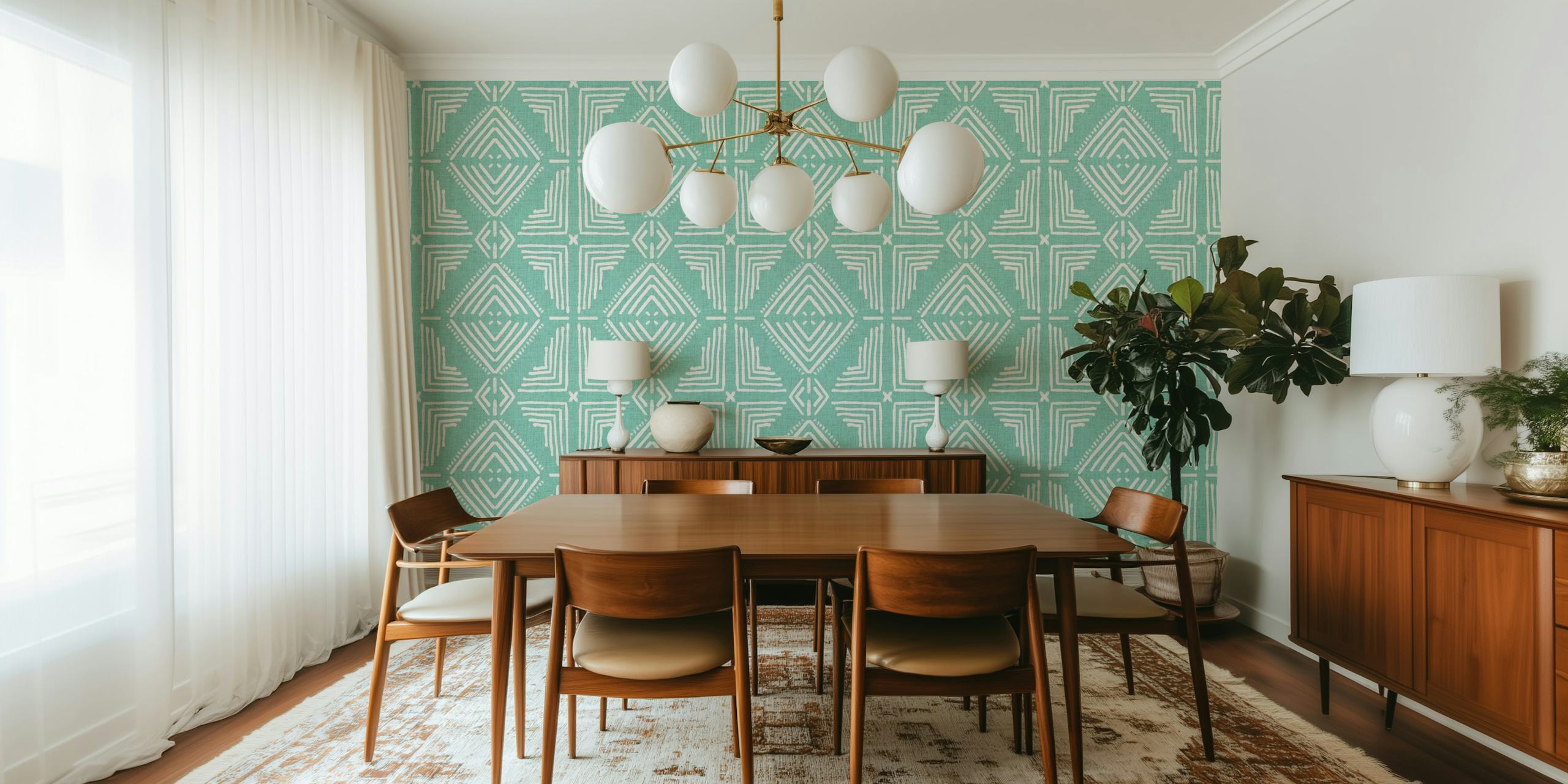Design de papel de parede Nora Tile Mint em um quarto