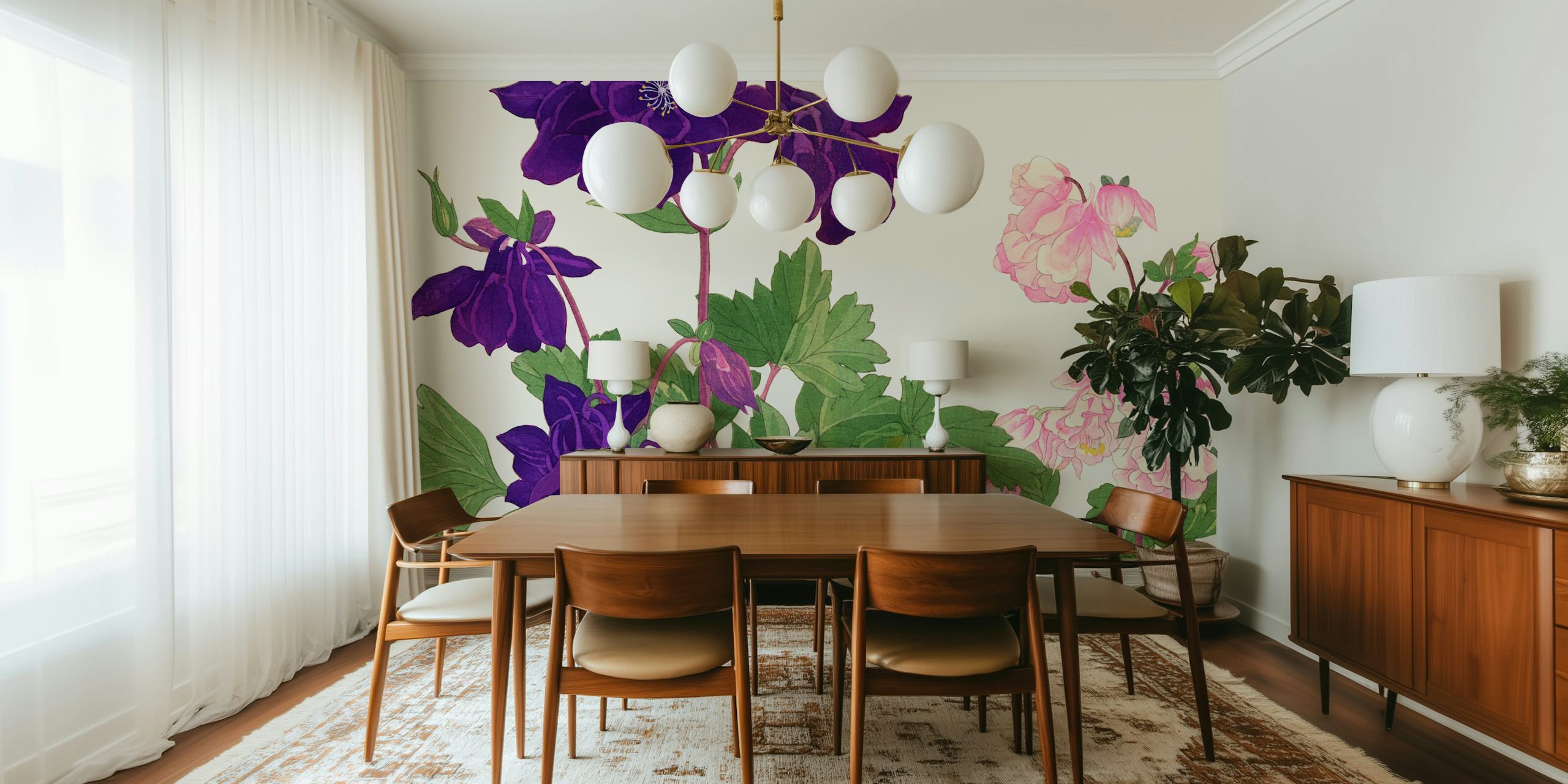 Scandinavian-inspired Scandi Gardens wall mural with purple and pink flowers