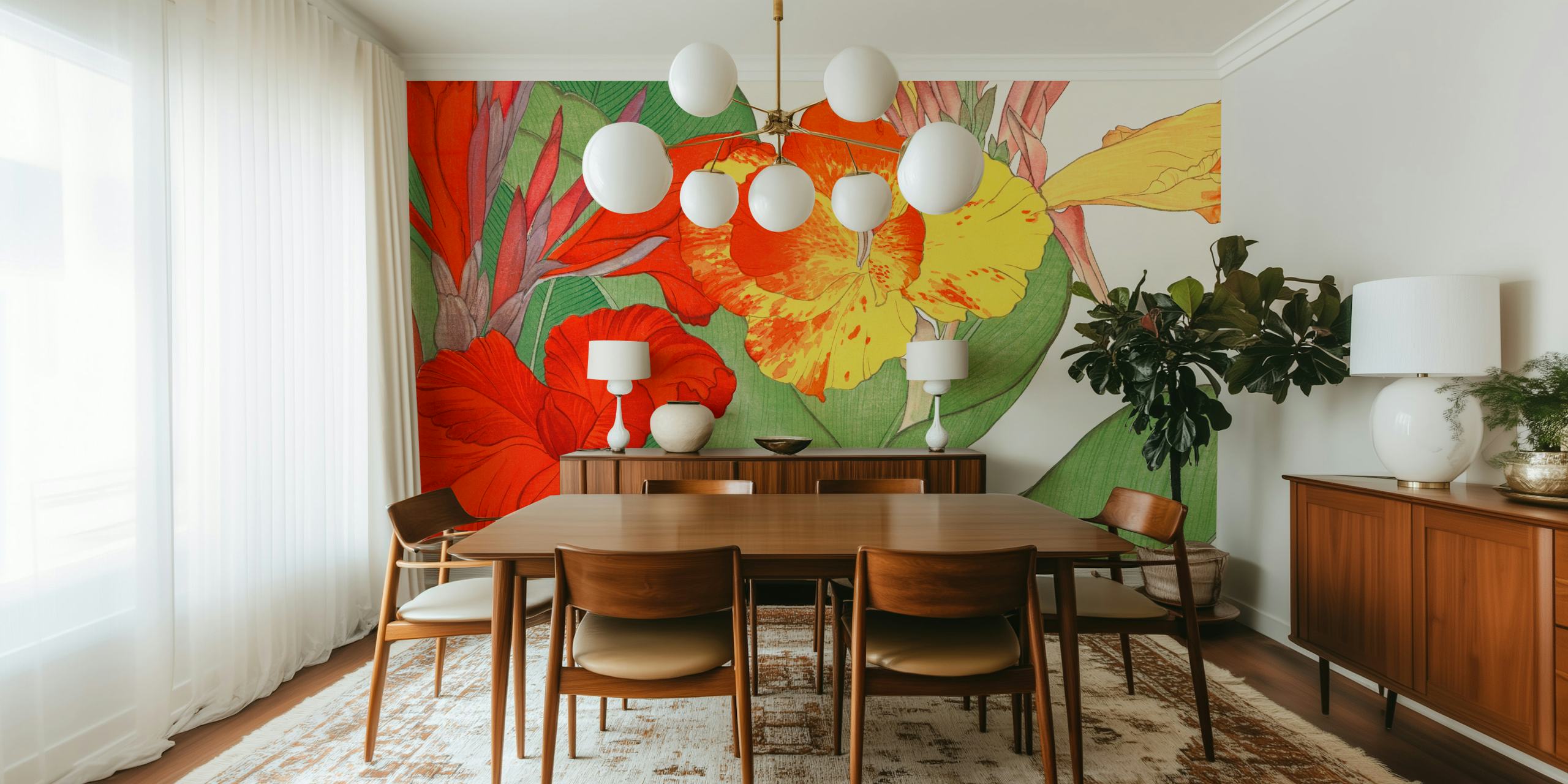 Tropical flora with red and yellow flowers and green leaves wallpaper
