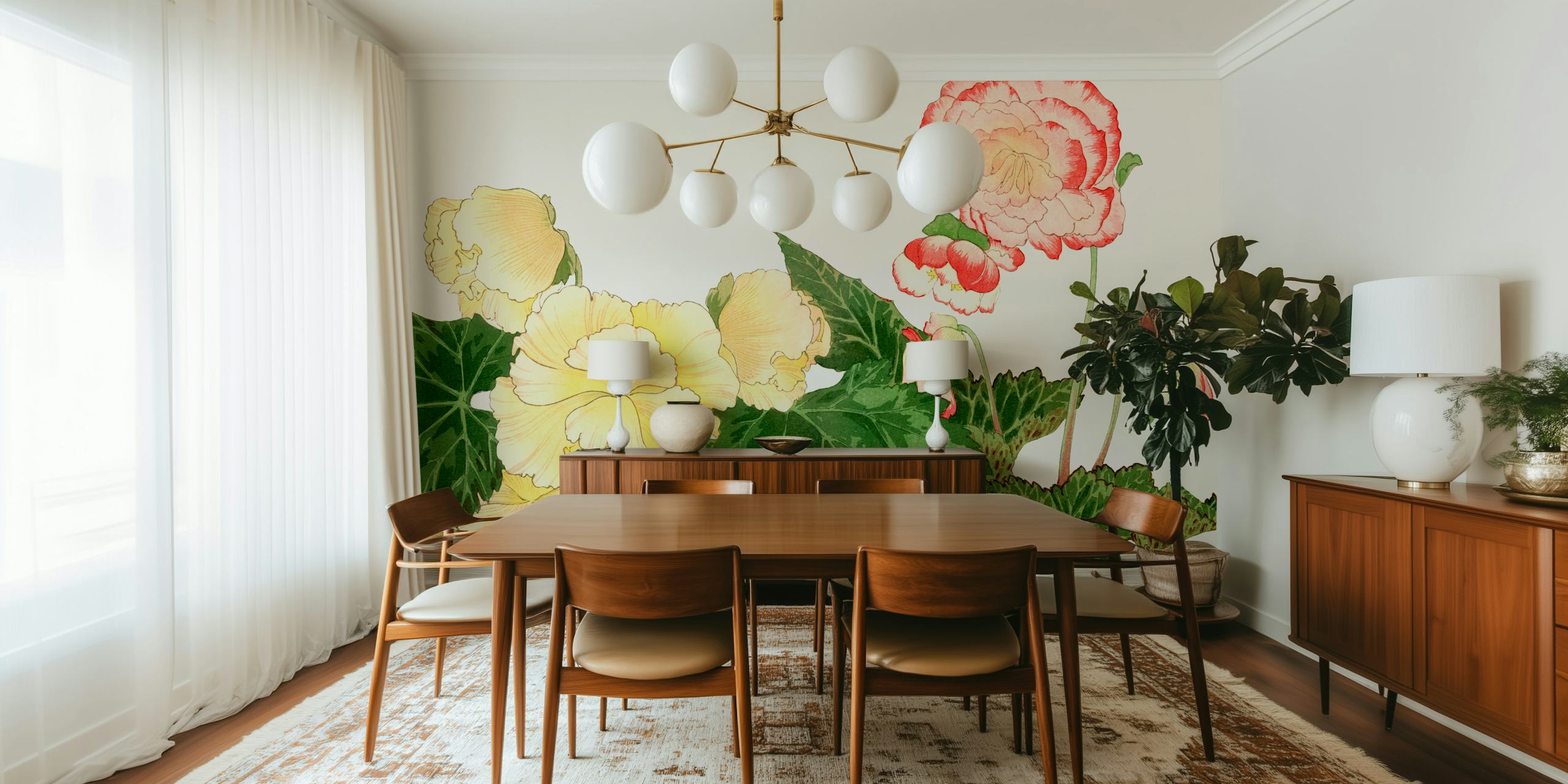 Vintage floral wallpaper featuring pink and yellow flowers with green leaves