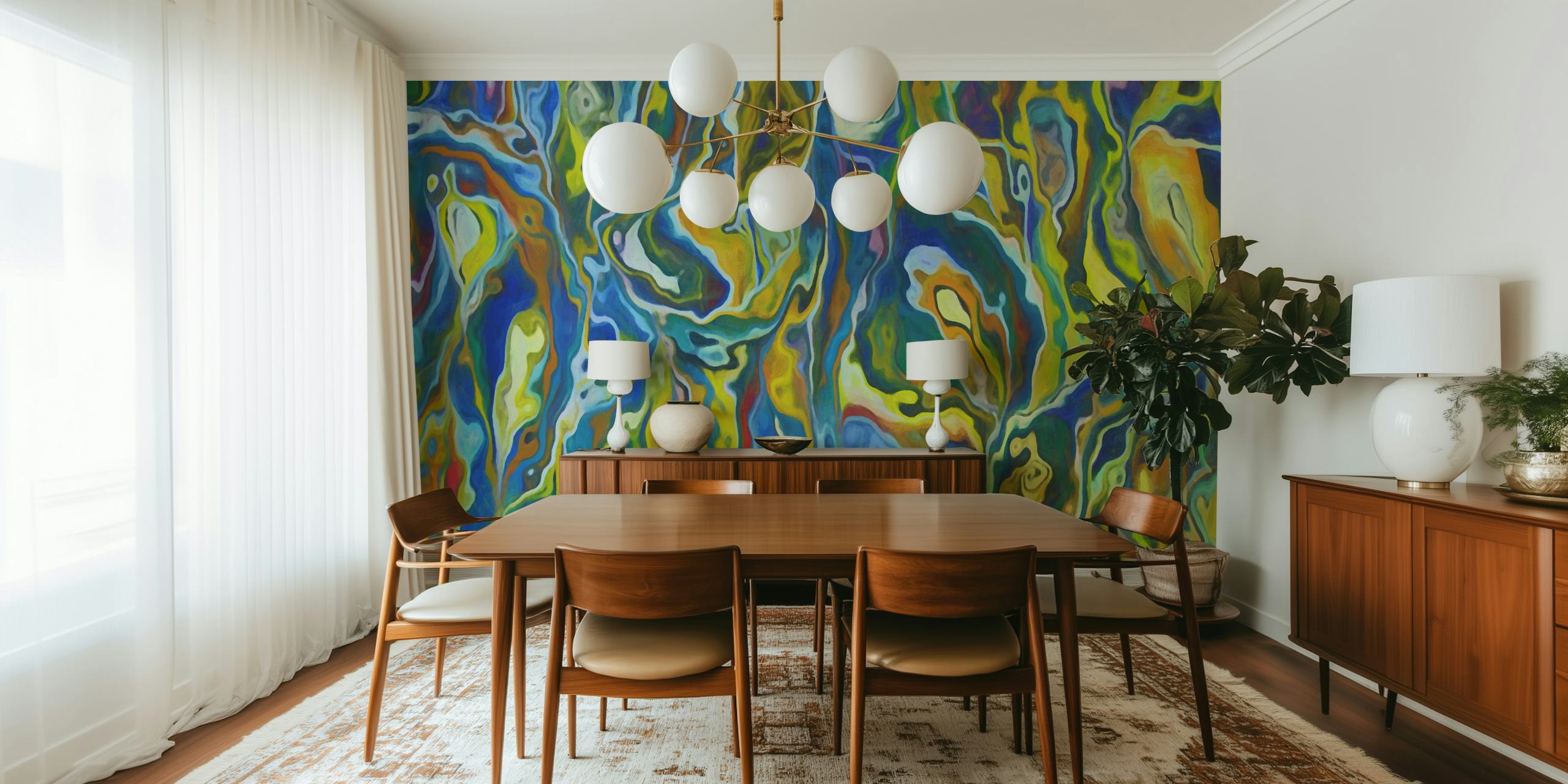 Colorful abstract fluid shapes design in blue, yellow, and green wallpaper