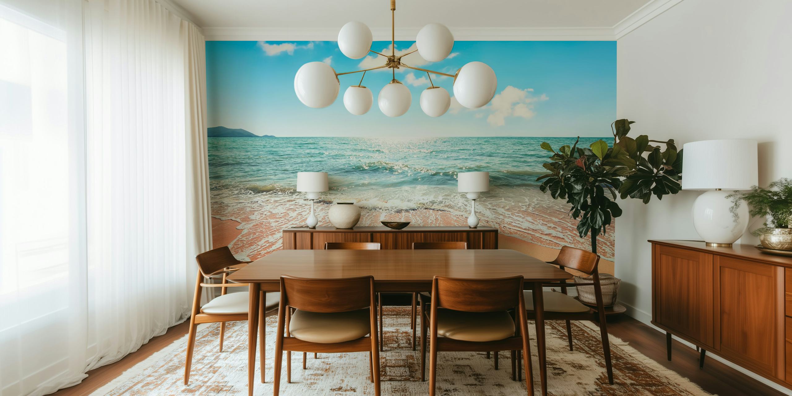 Beach ocean view with sandy shore and blue sky wallpaper