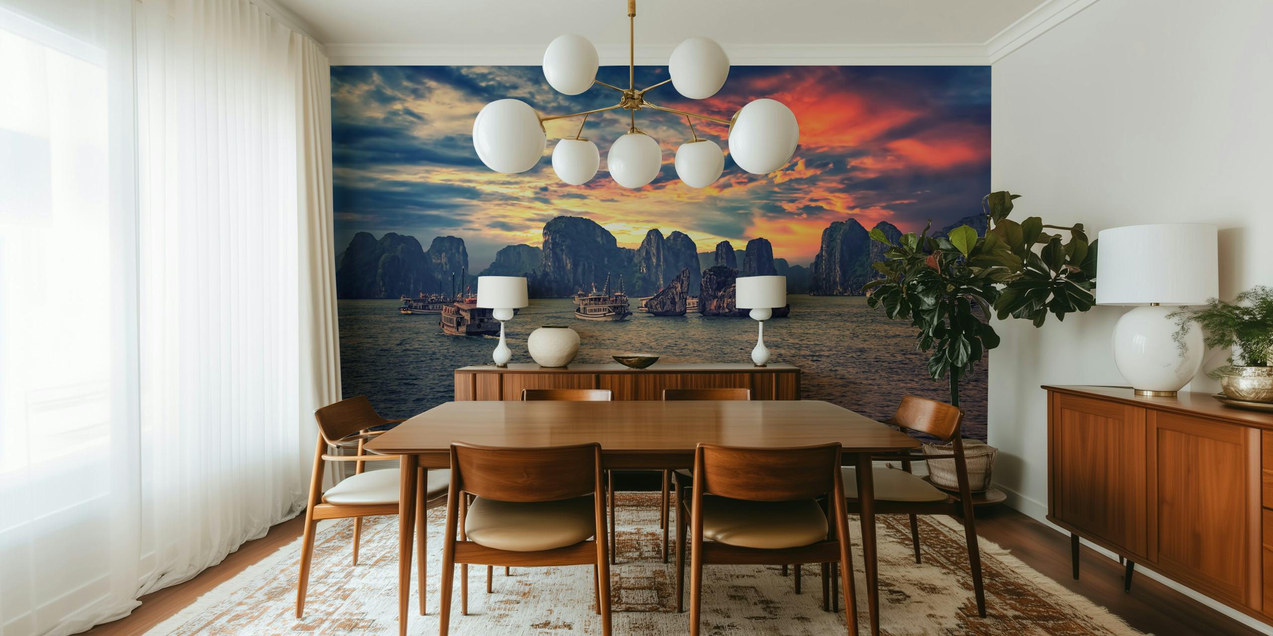 Wall mural of Halong Bay with boats and cliffs
