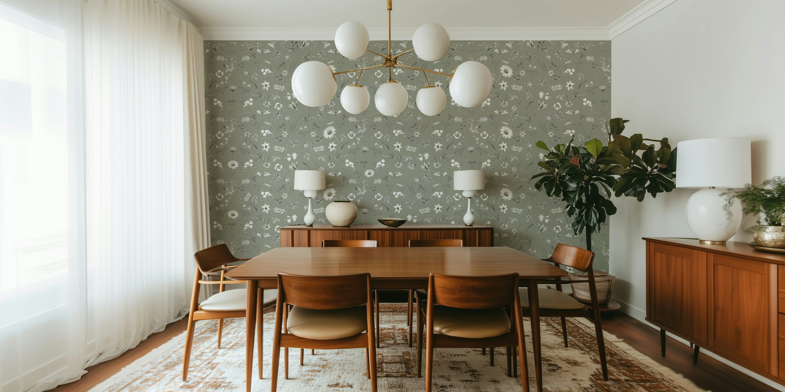 Green floral pattern wall mural with white flowers