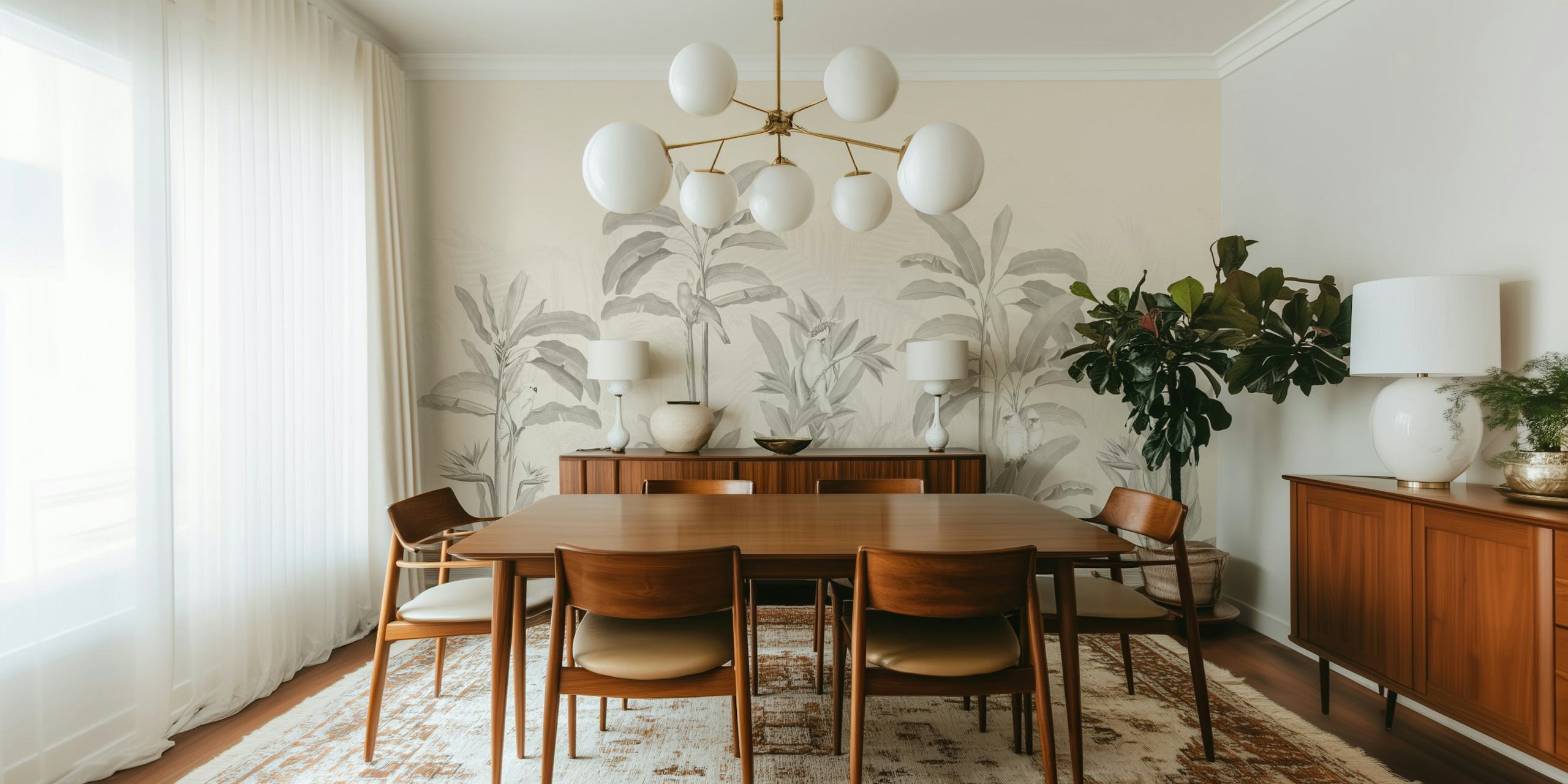 Beige jungle panorama wall mural with subtle foliage design