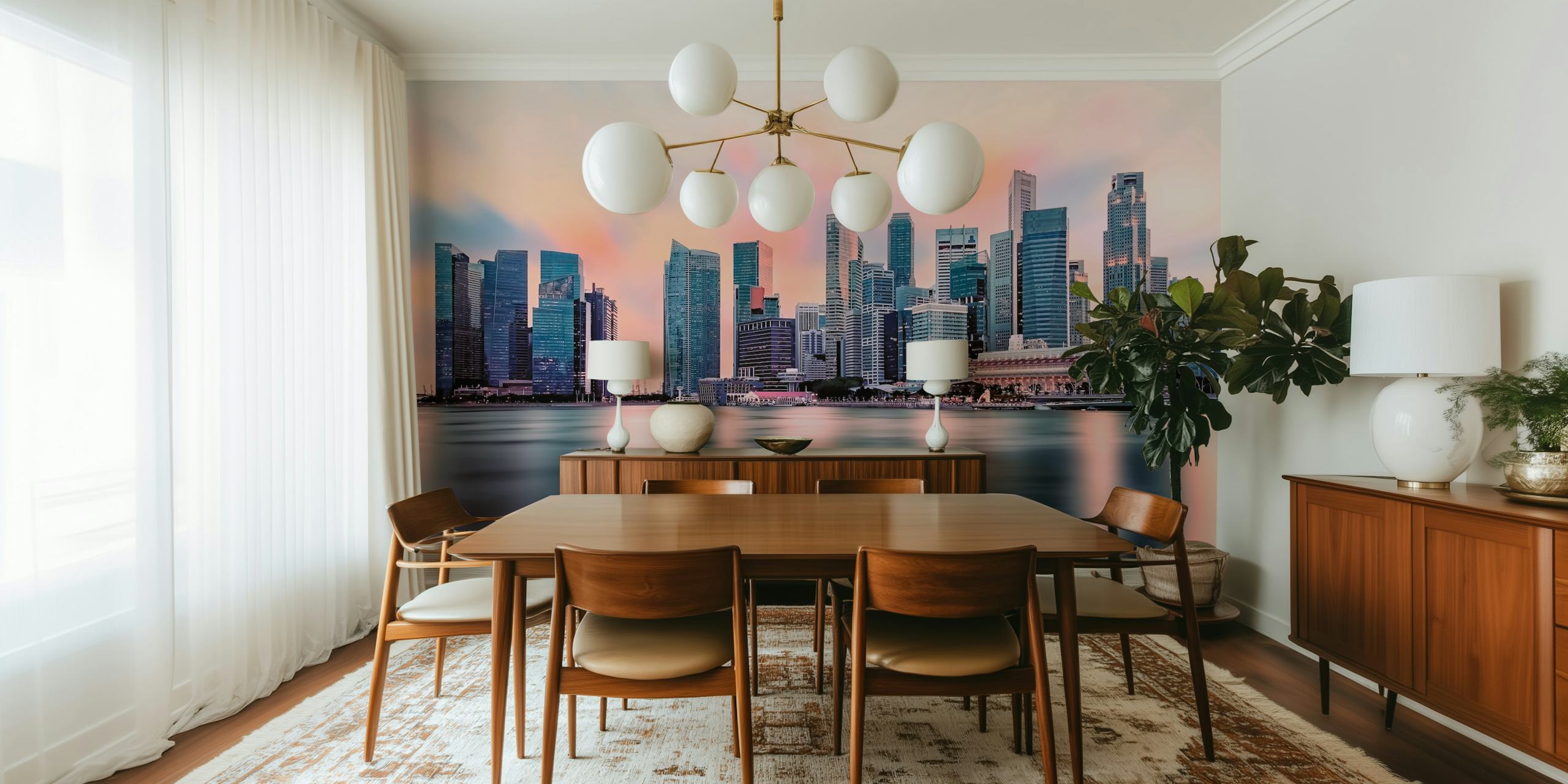 Panorama Singapuru s odstíny západu slunce odrážejícími se ve vodní nástěnné malbě