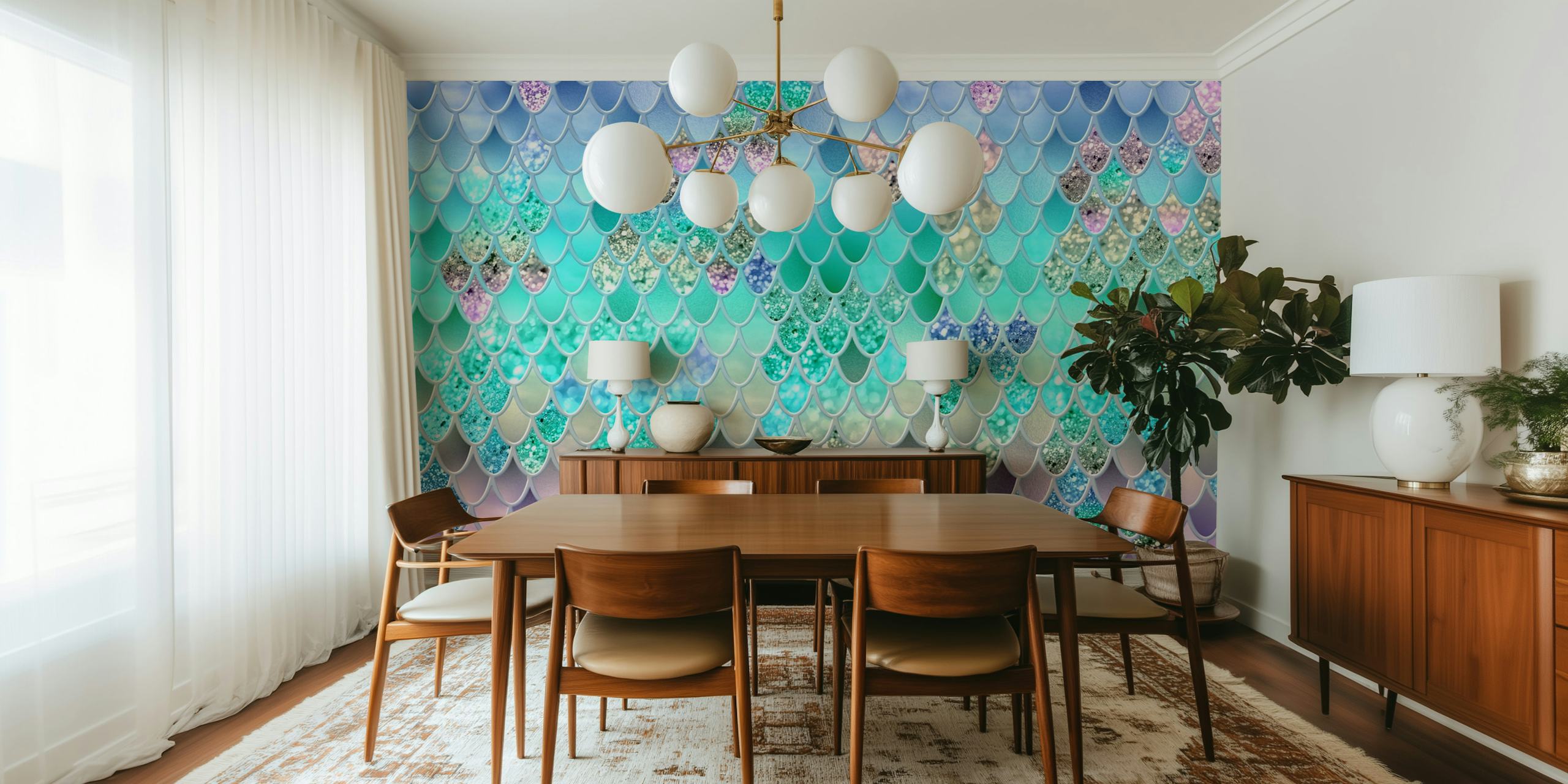 Pastel mermaid scale pattern wallpaper in a room