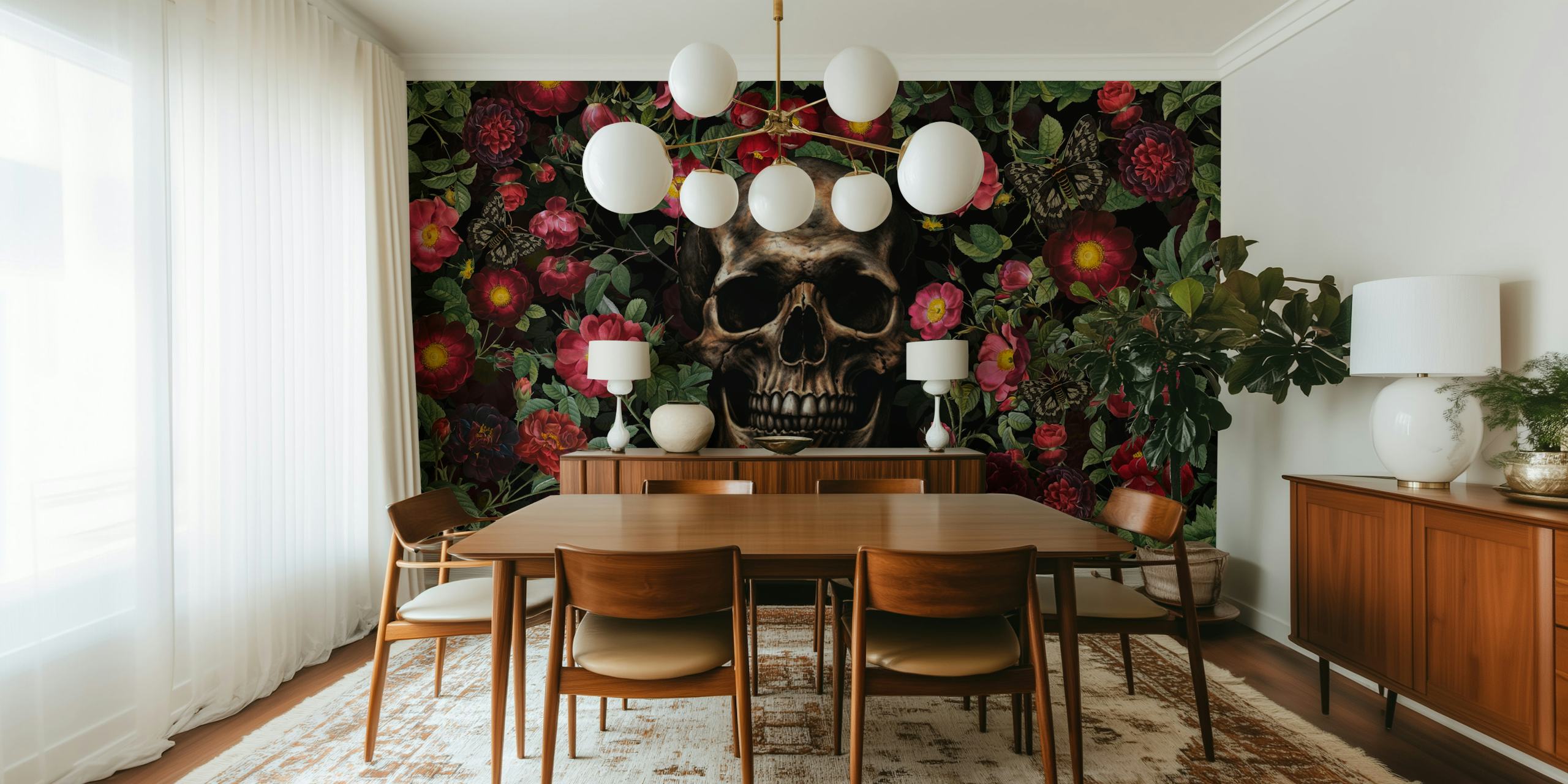 Baroque skull and roses wallpaper design in a room