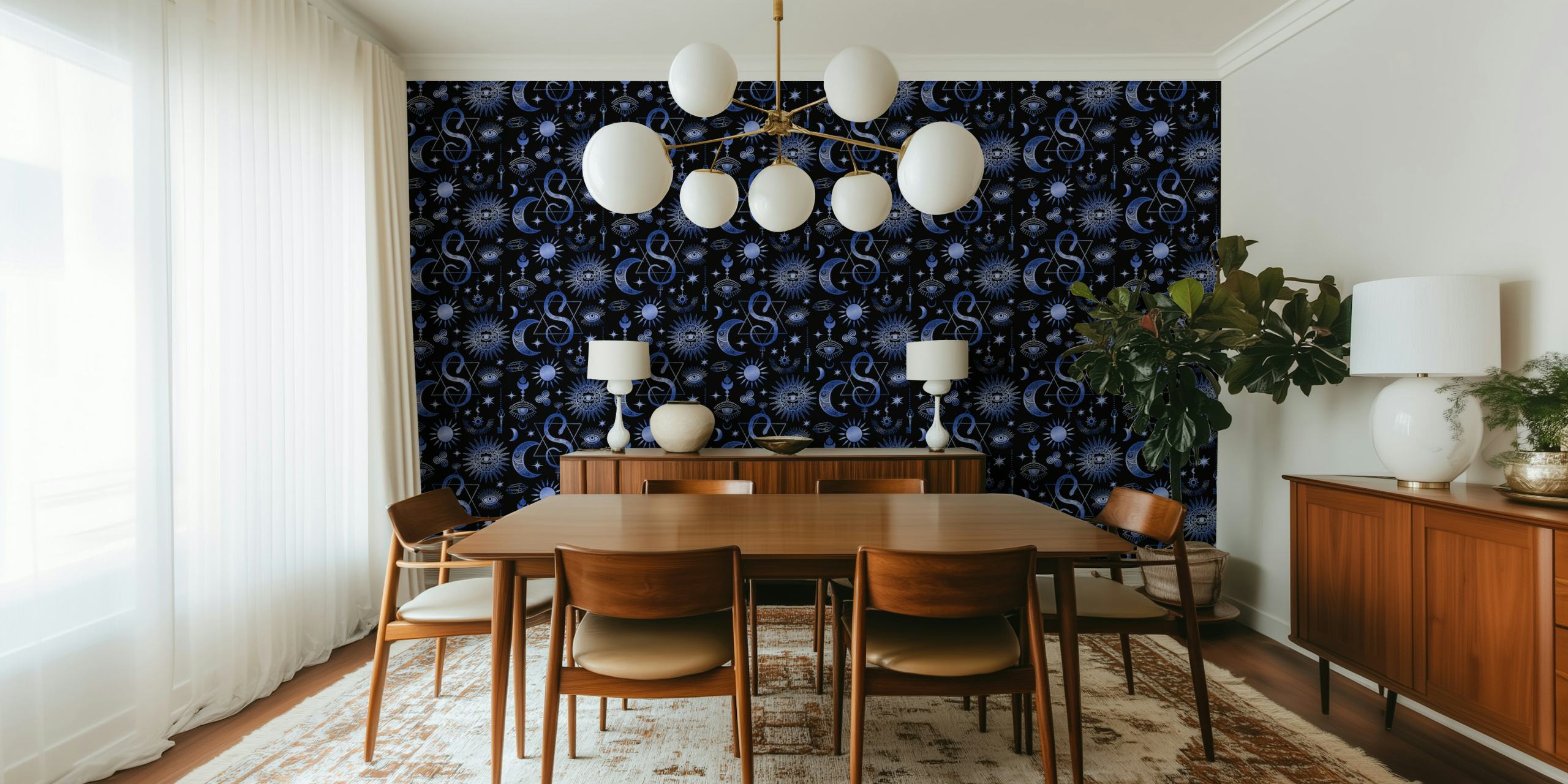 Celestial design featuring moons and stars on a dark blue background wallpaper