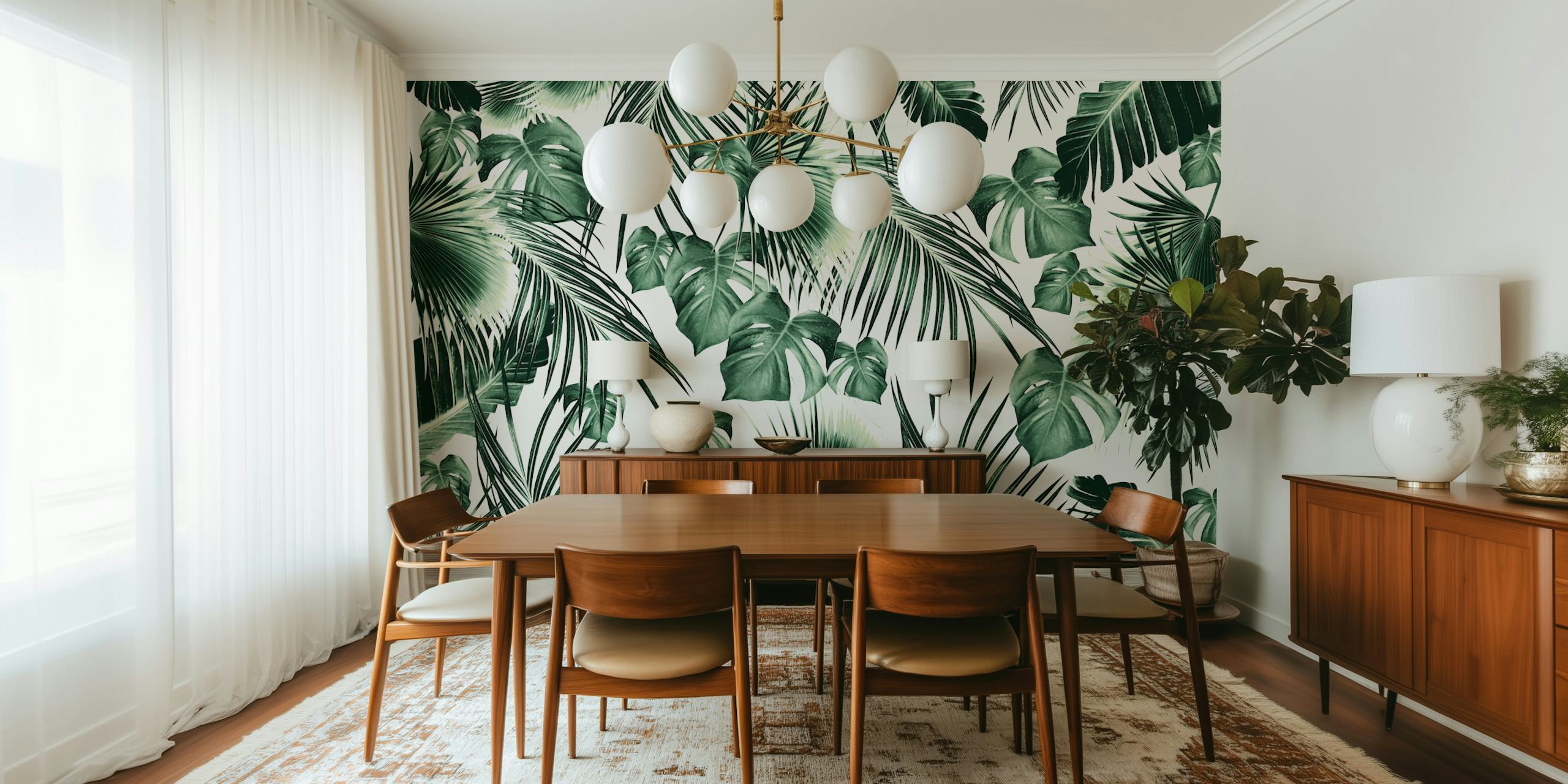 Tropical jungle leaves wallpaper in a room