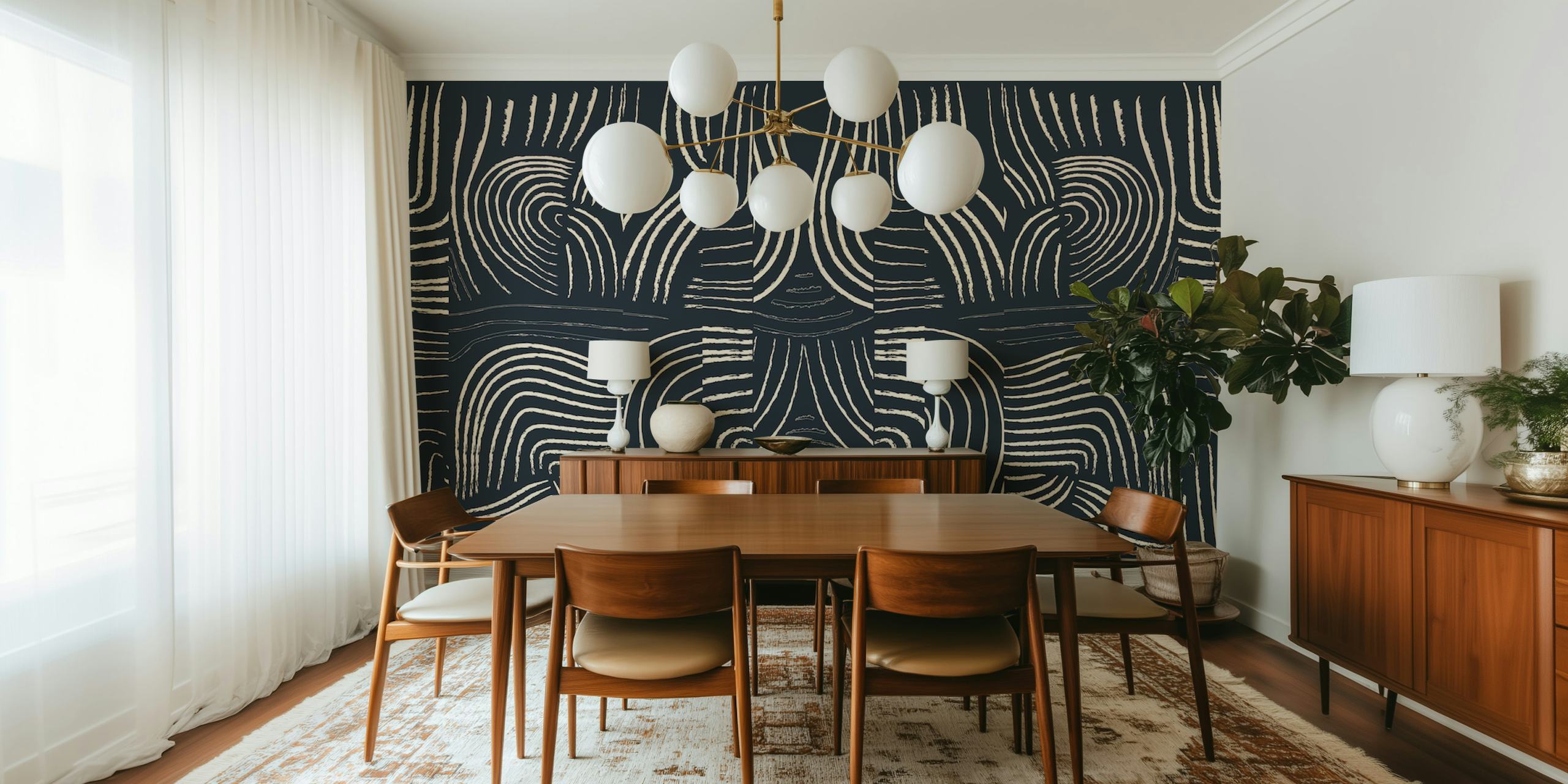 Abstract curved line patterns in black and white wallpaper