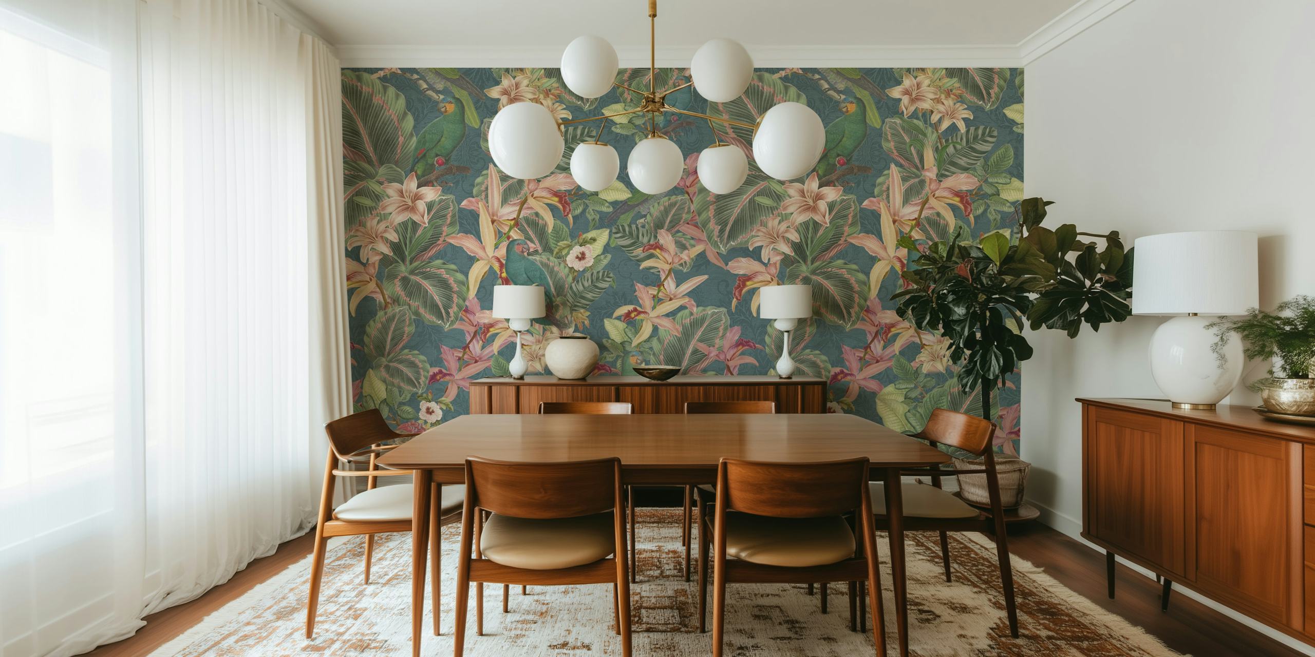 Tropical jungle birds teal wallpaper in a room