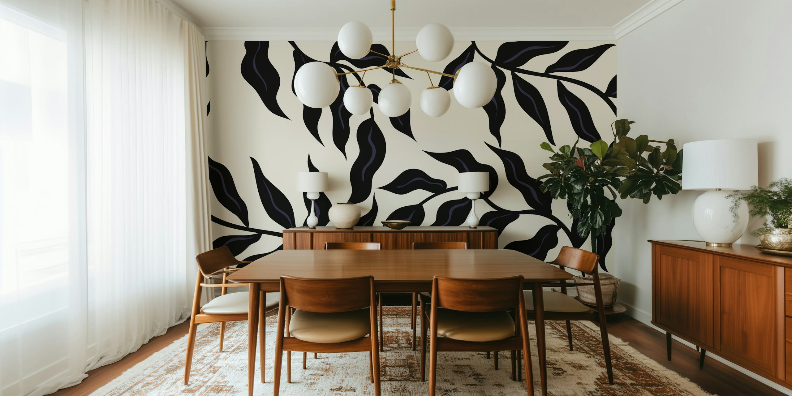 50s Leaves Black design de papel de parede