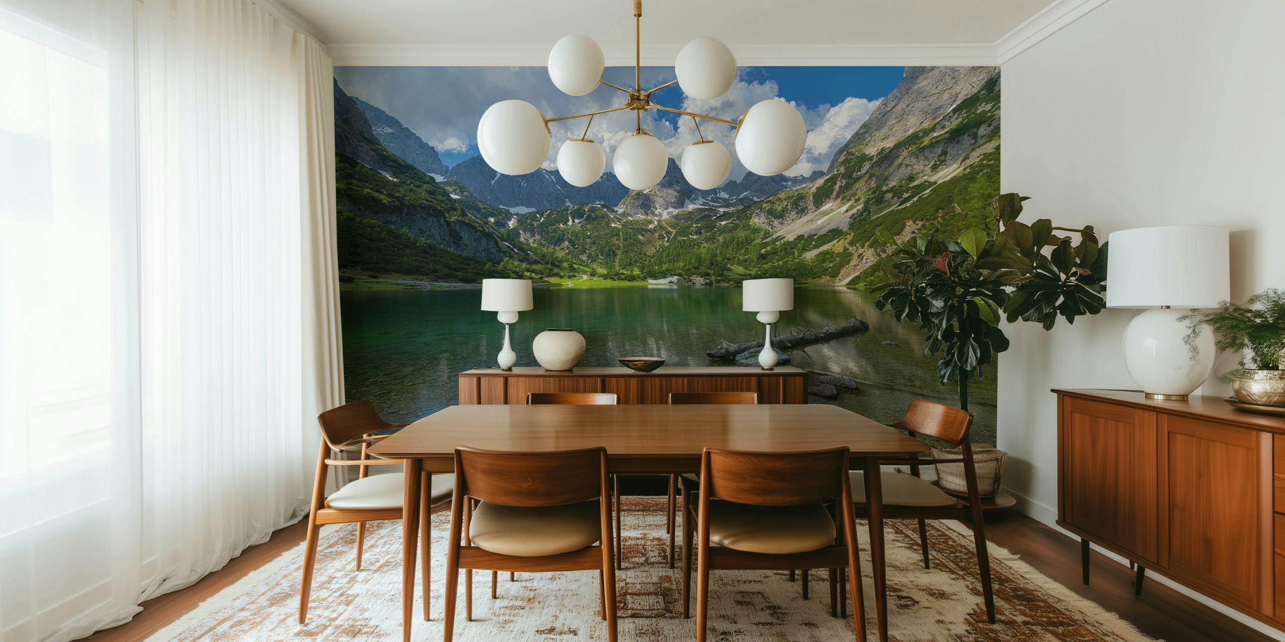 Muurschildering Seebensea in Tirol met een rustig bergmeer met bergreflecties