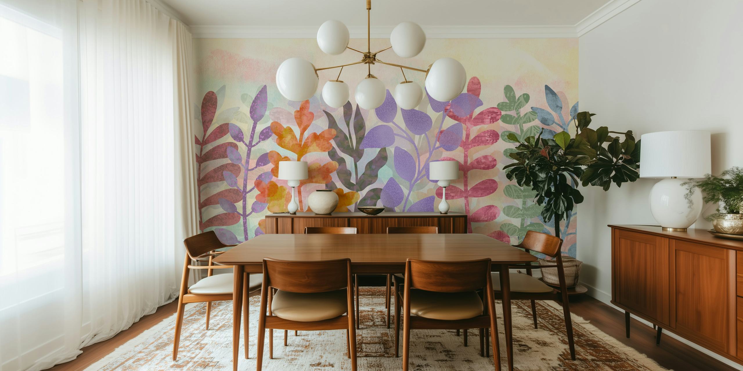 Colorful watercolor leaves in purple, green, orange, and pink wallpaper