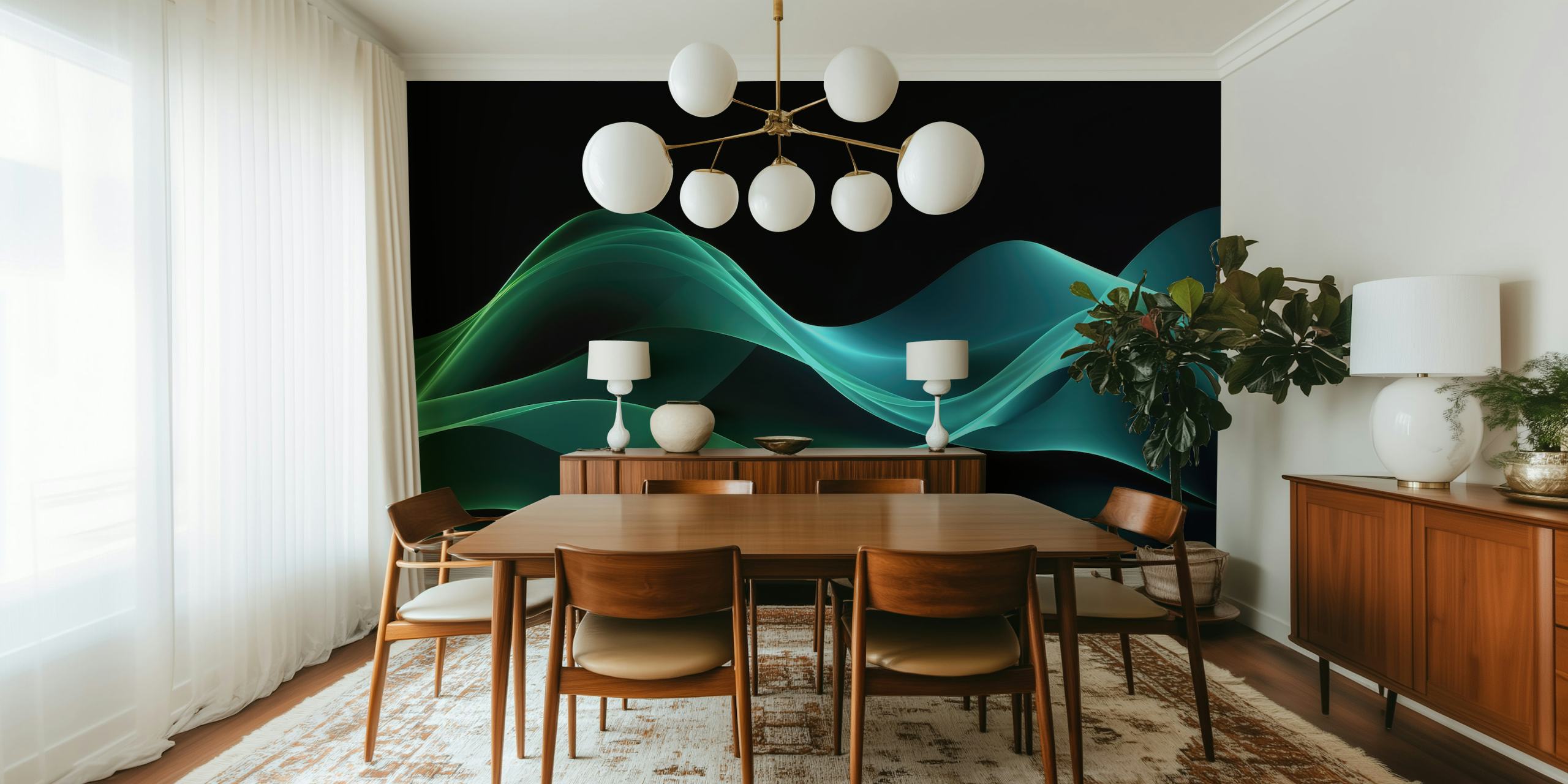 Abstract blue and green waves wall mural exuding a dreamy, serene nighttime ambiance