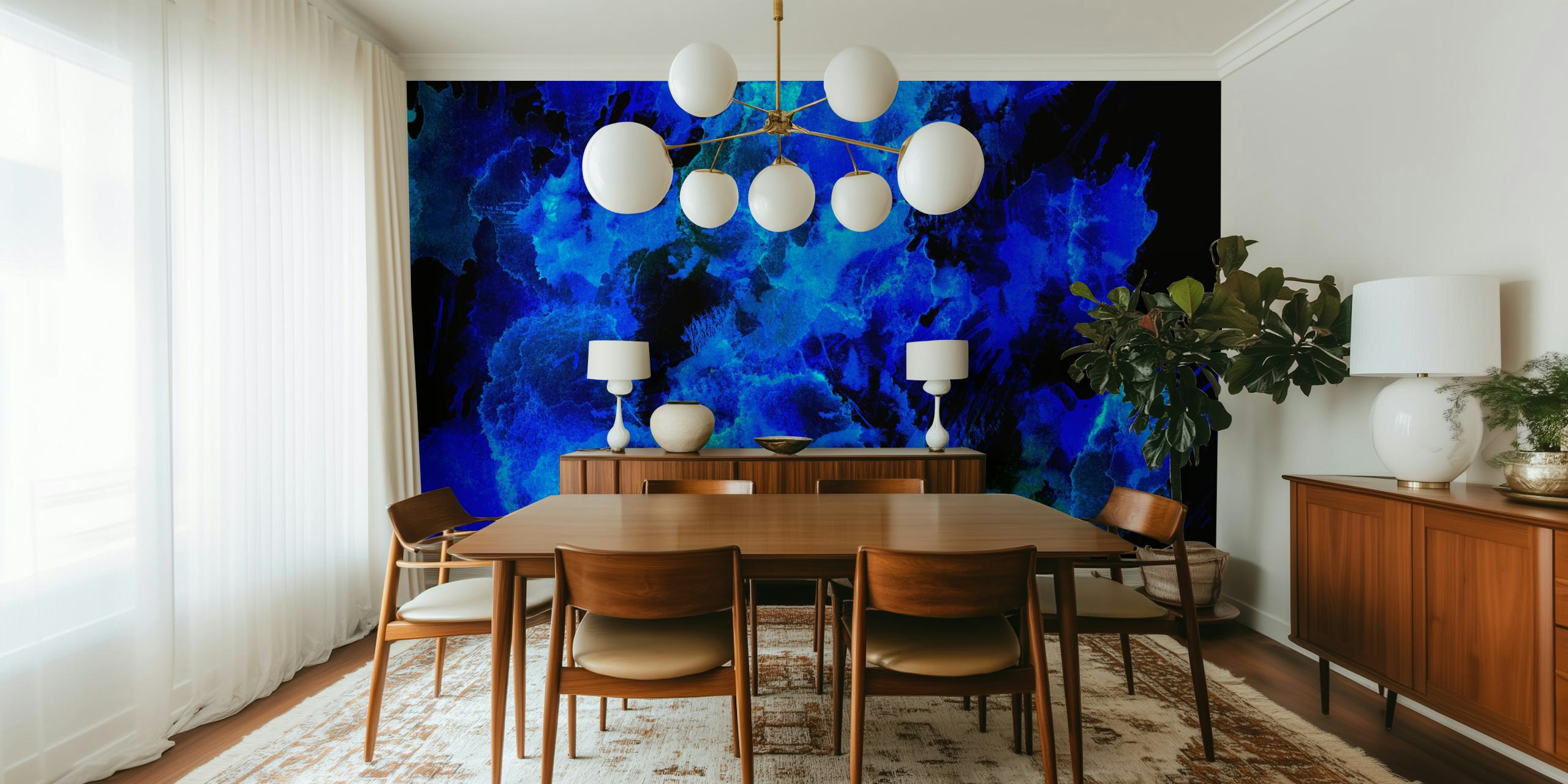 Abstract blue splash patterns on black wallpaper