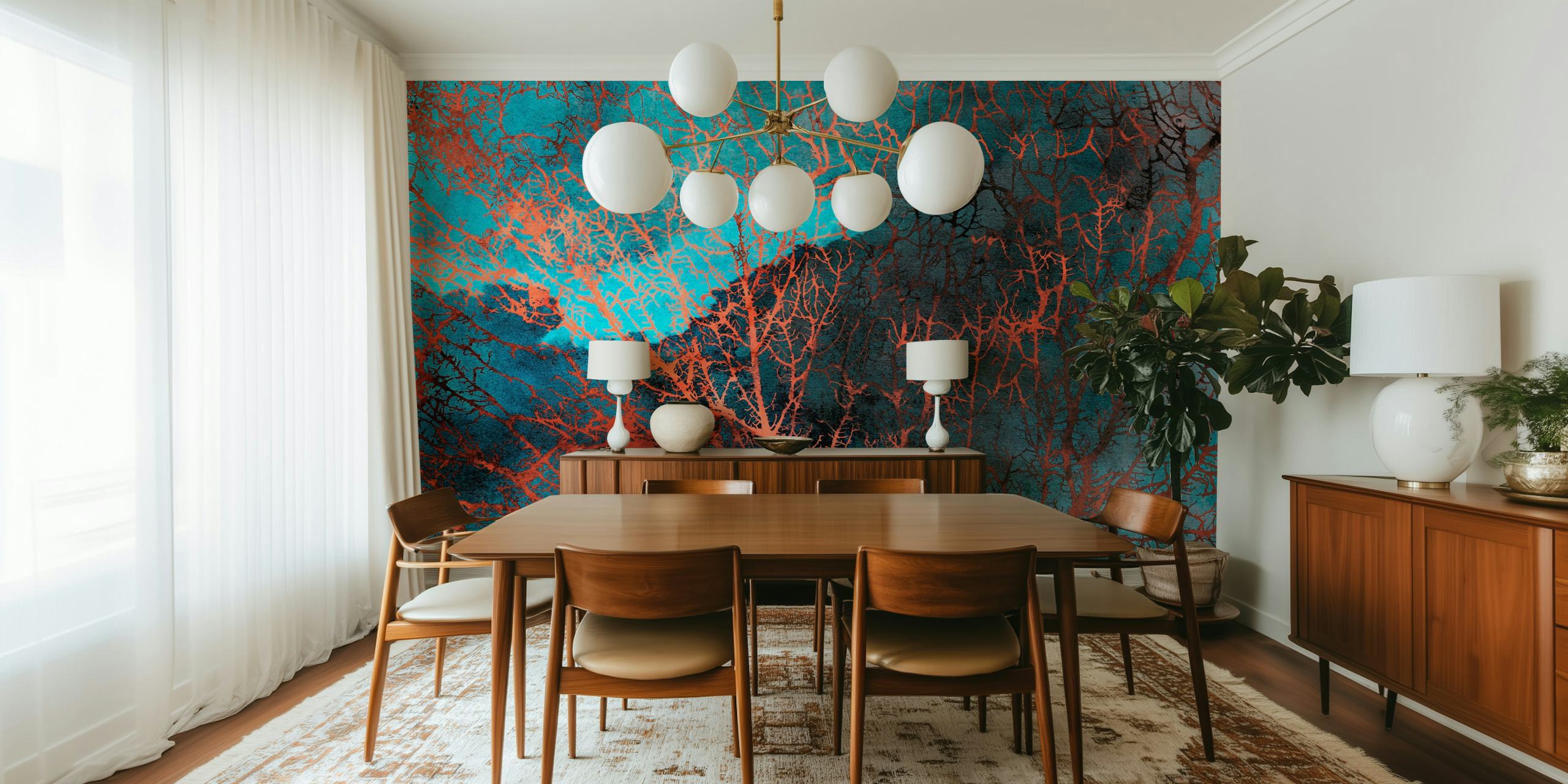 Aquarelle corail et turquoise avec motifs organiques wallpaper