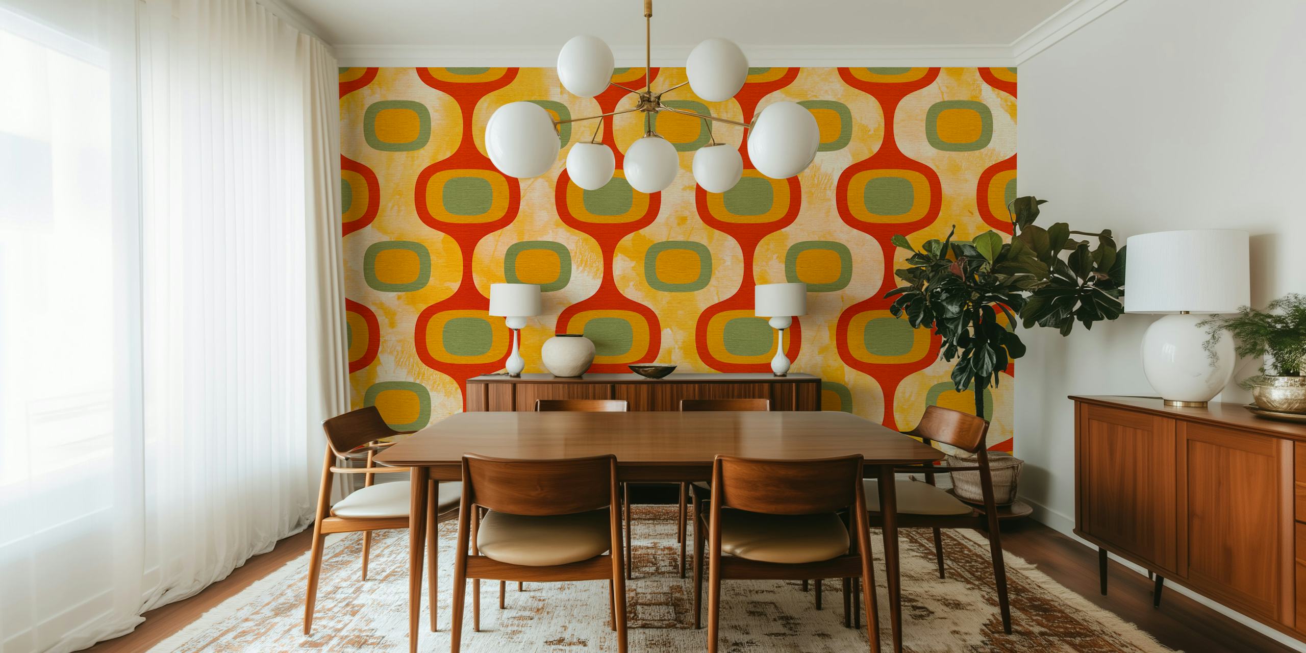 Geometric pattern with orange, green, and cream colors wallpaper