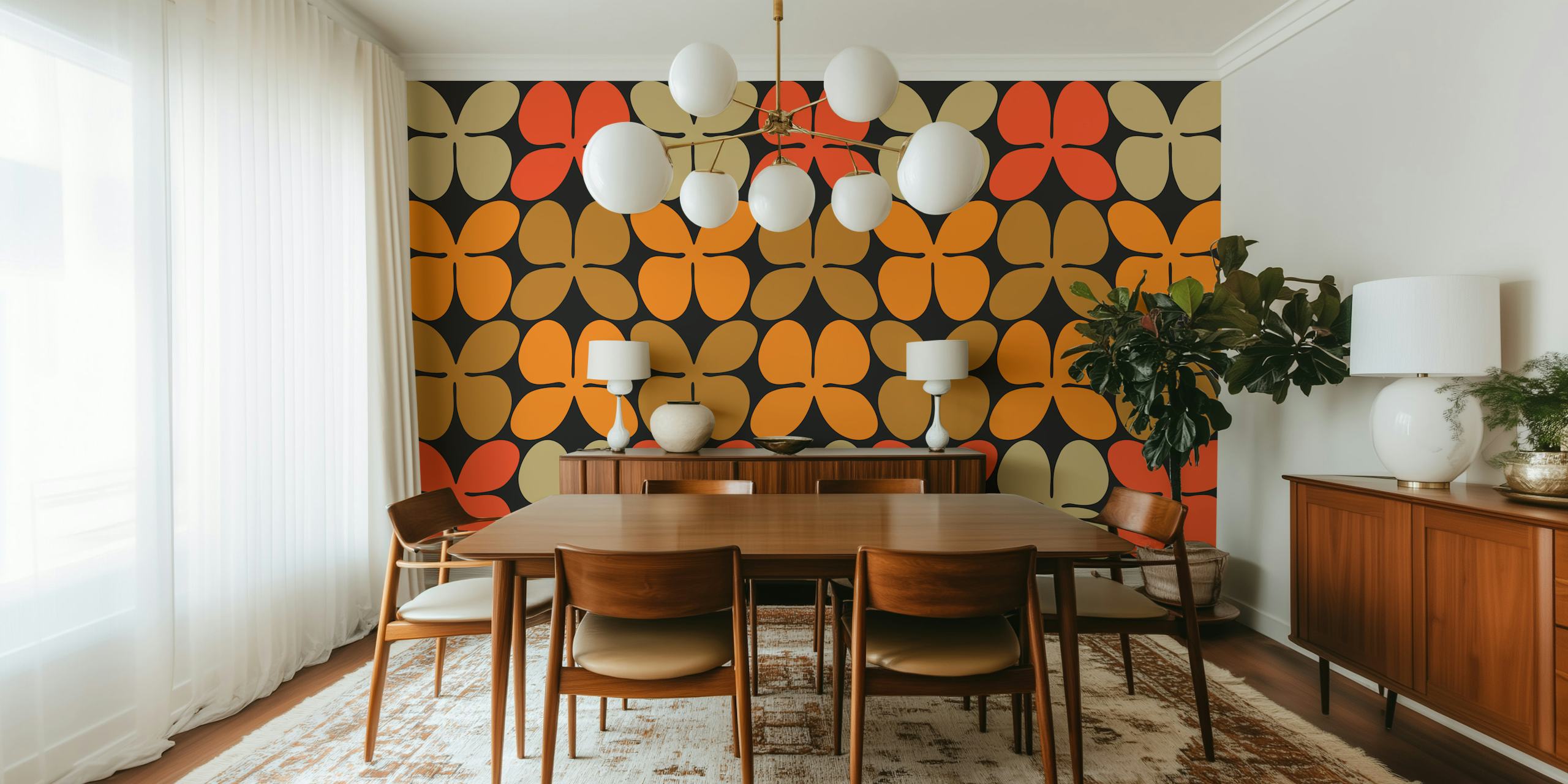 Mid century floral pattern wallpaper in warm colors: oranges, reds, browns on dark background