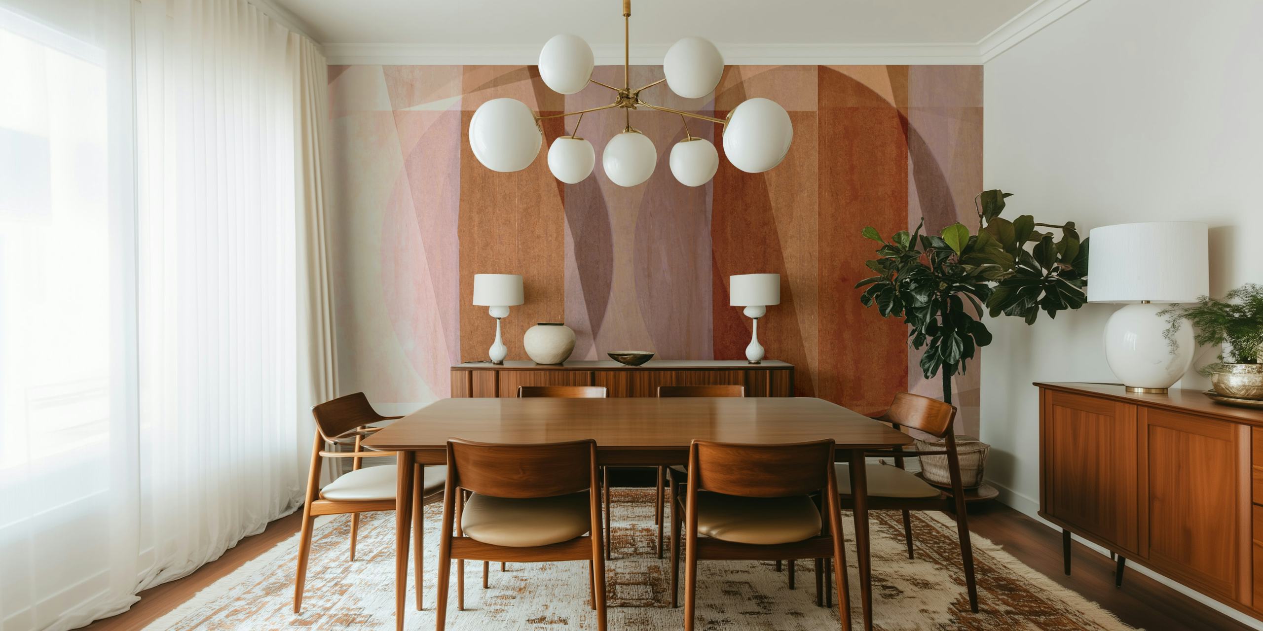 Retro geometric wallpaper in earthy tones featuring overlapping shapes and circles.