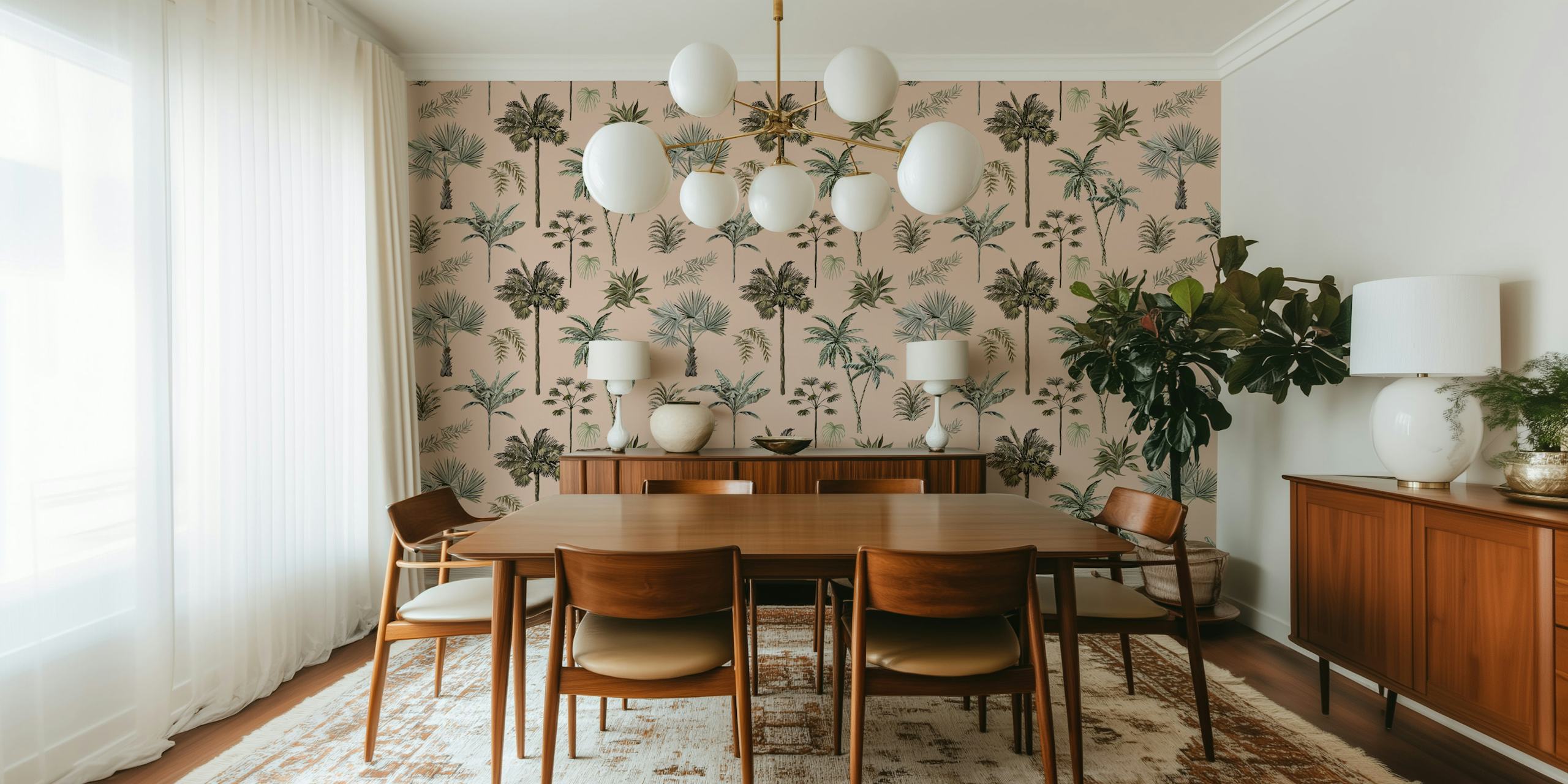 Palm trees and tropical leaves in green and beige wallpaper