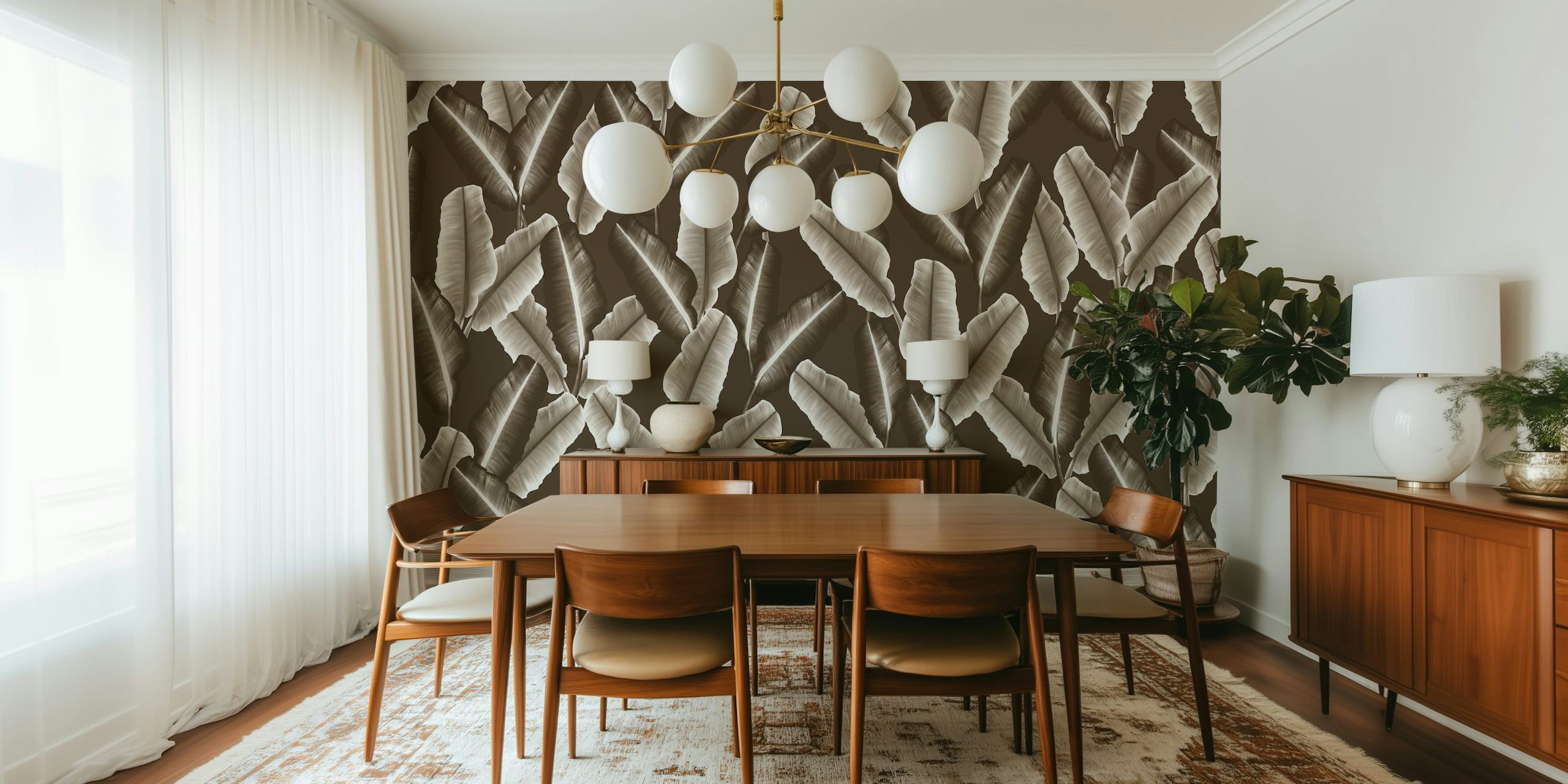 Earthy toned banana leaf pattern wall mural