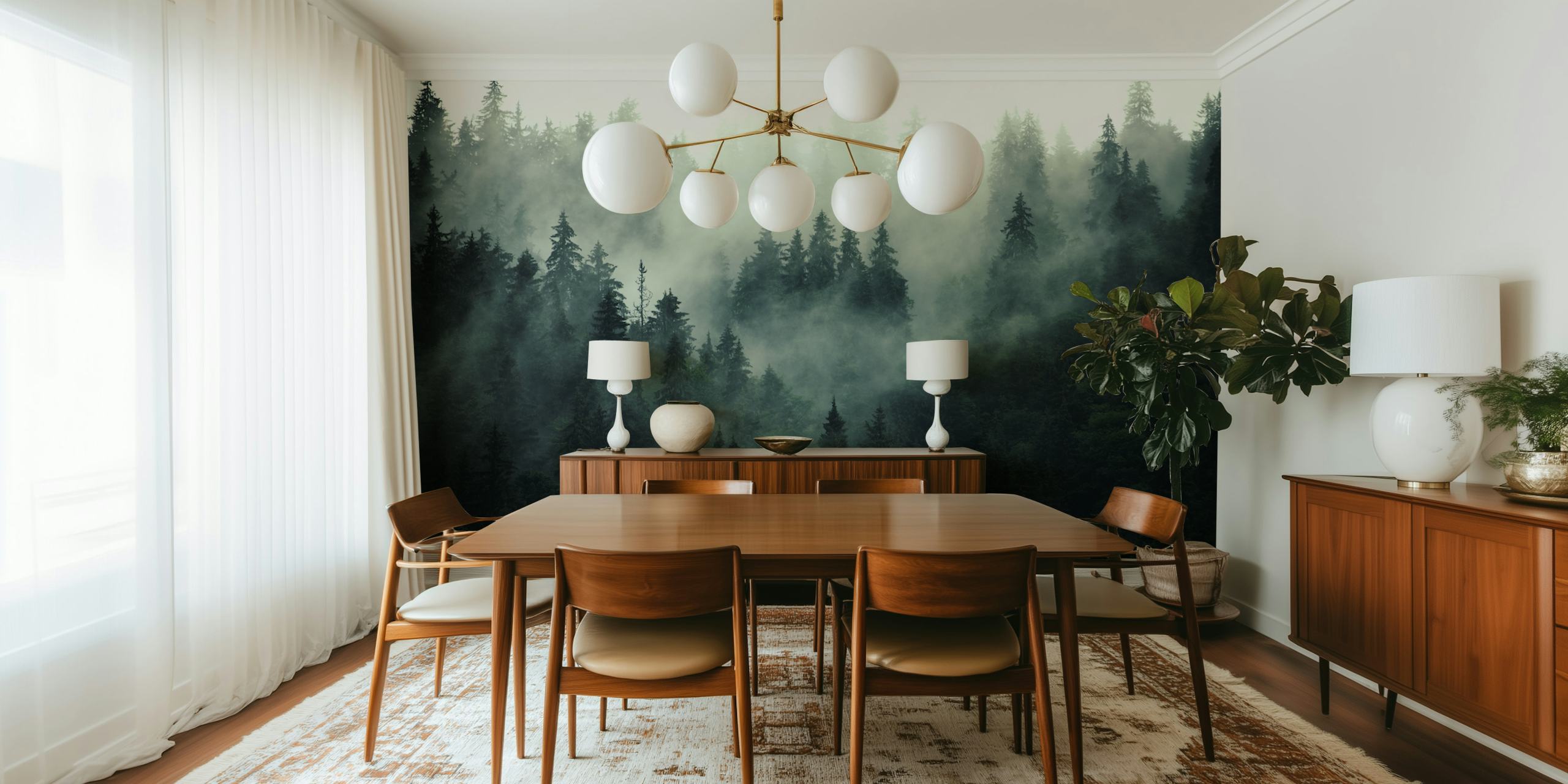 Misty forest scene with tall evergreen trees and fog wallpaper