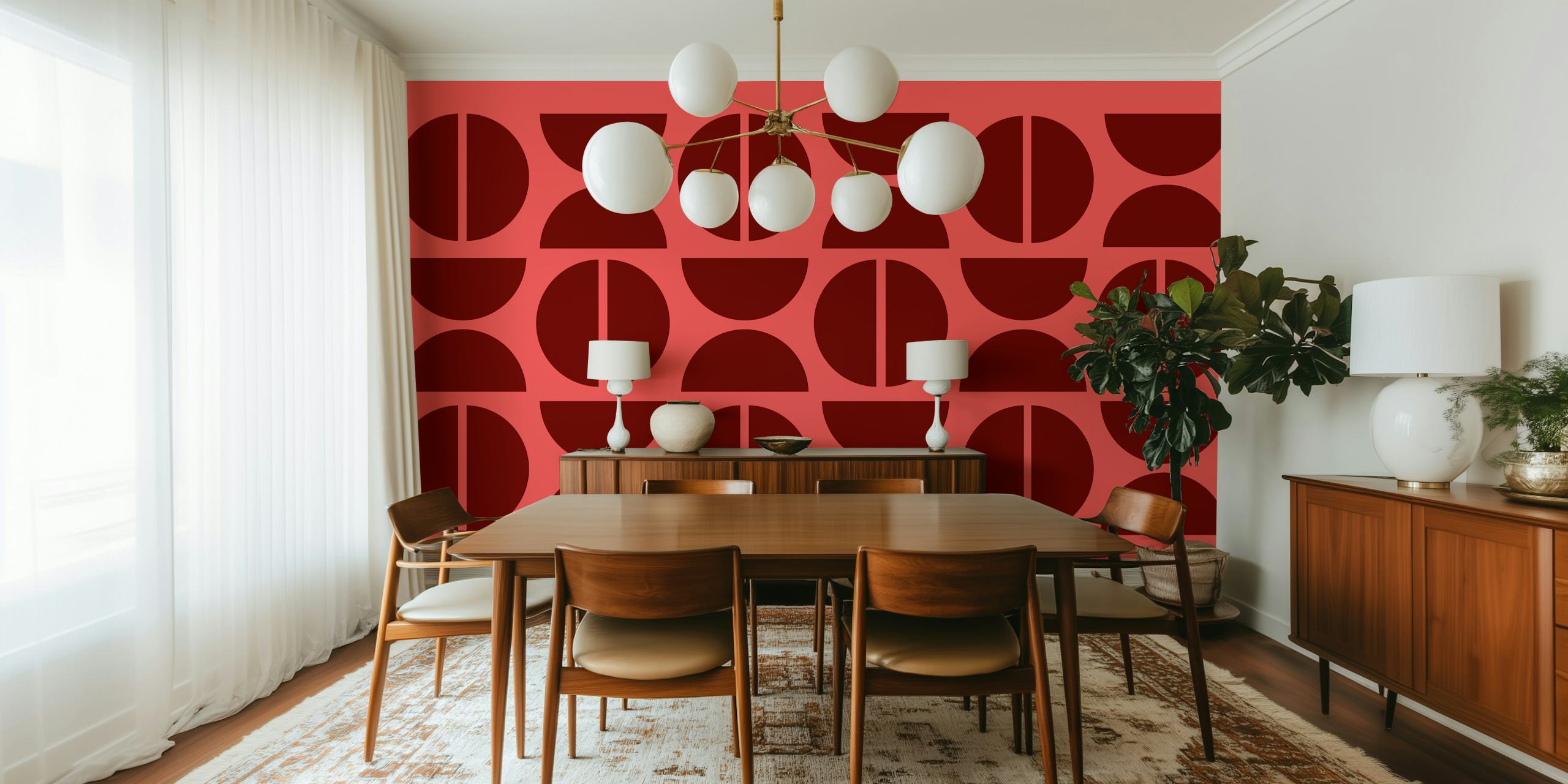 Coral and deep red geometric pattern wallpaper