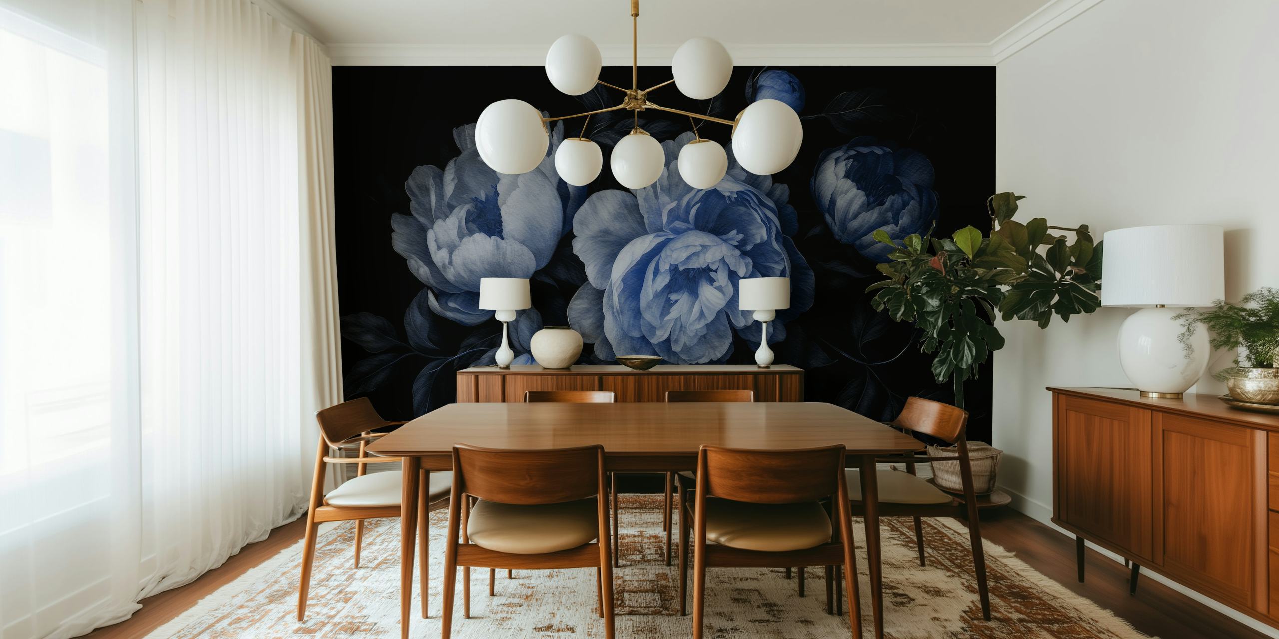 Μπλε πασχαλιές σε σκοτεινή, μπαρόκ στυλ τοιχογραφία λουλουδιών