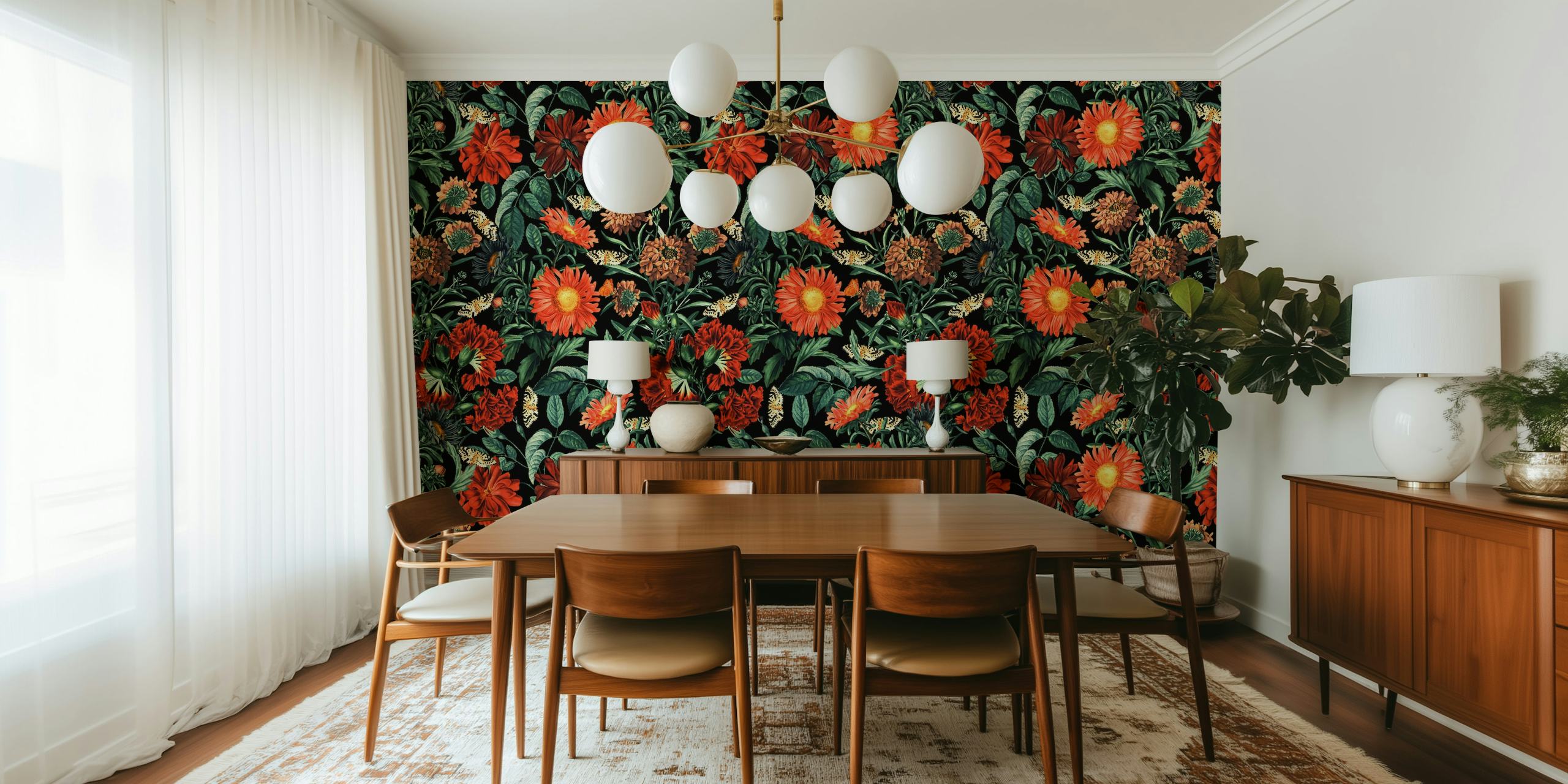 Das Wandbild Night Forest Xviii Zeigt Lebendige Blumen Und Üppiges Grün Für Eine Faszinierende Naturkulisse.