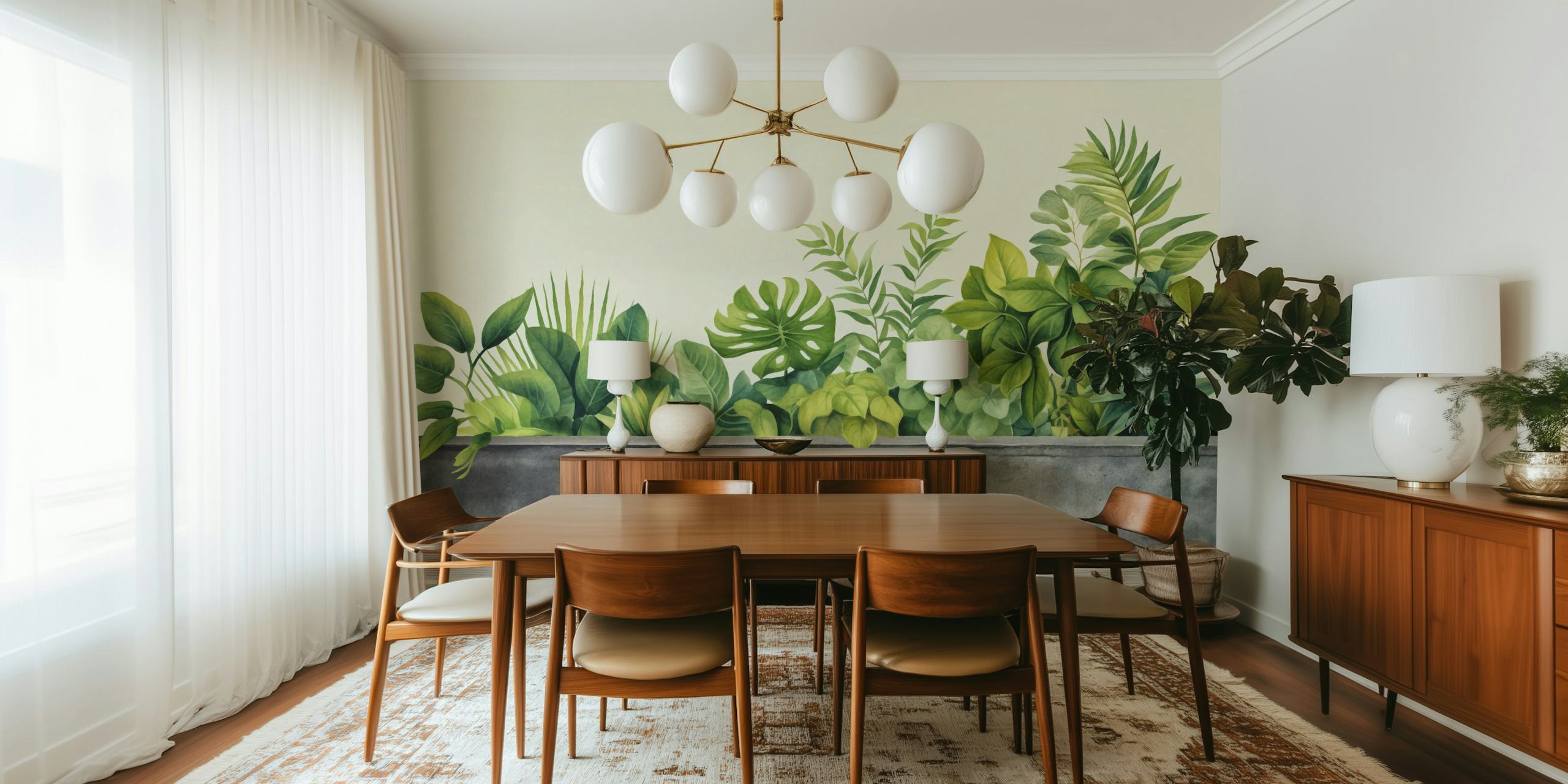 Urban Gardening Tropical Green Watercolor wall mural with lush foliage over grey background