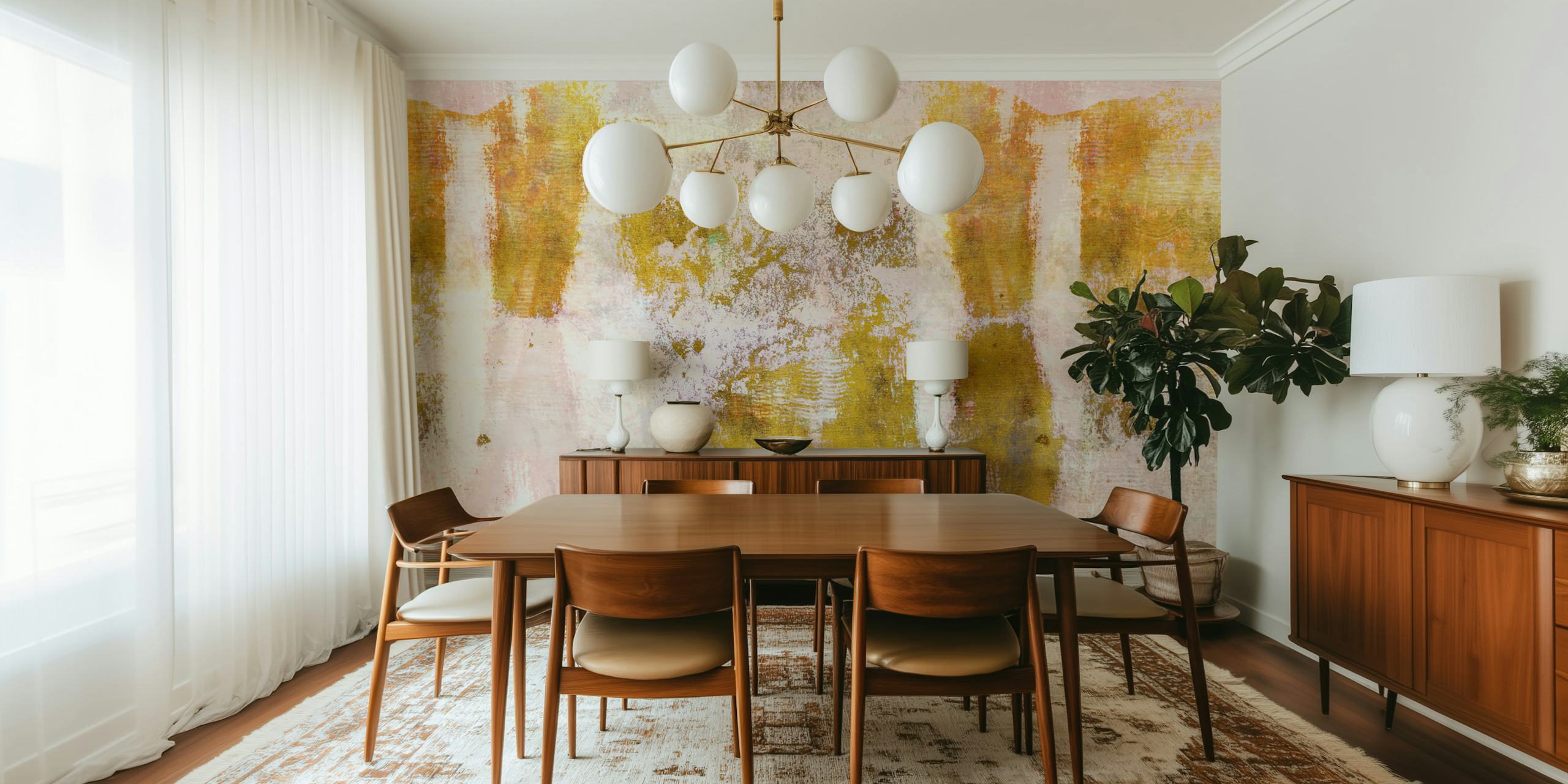 Abstract urban-inspired wall mural with gold and cream tones