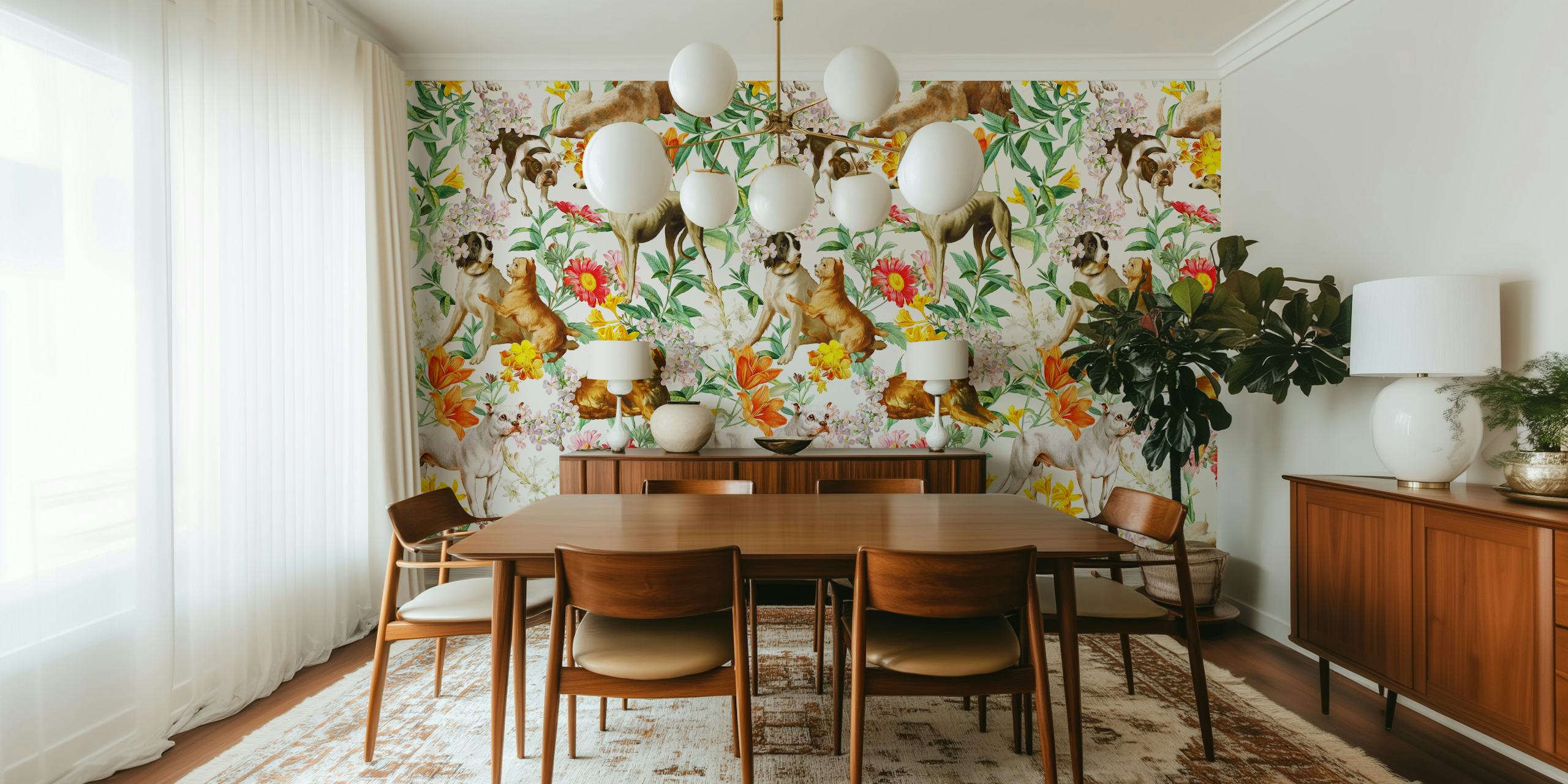 Doggies e florals papel de parede em um quarto