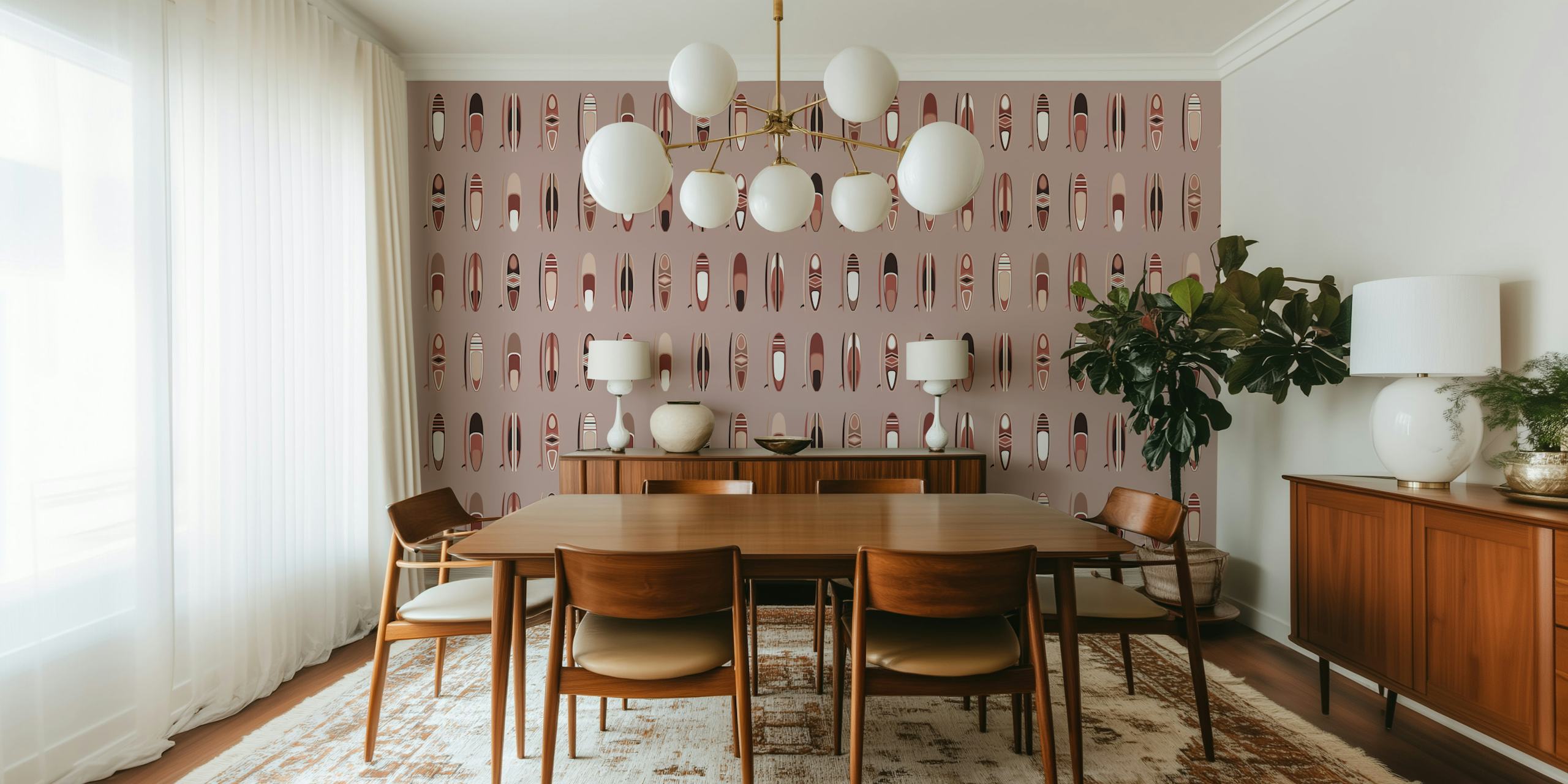 Surfboard pattern in warm tones with stripes and shapes wallpaper