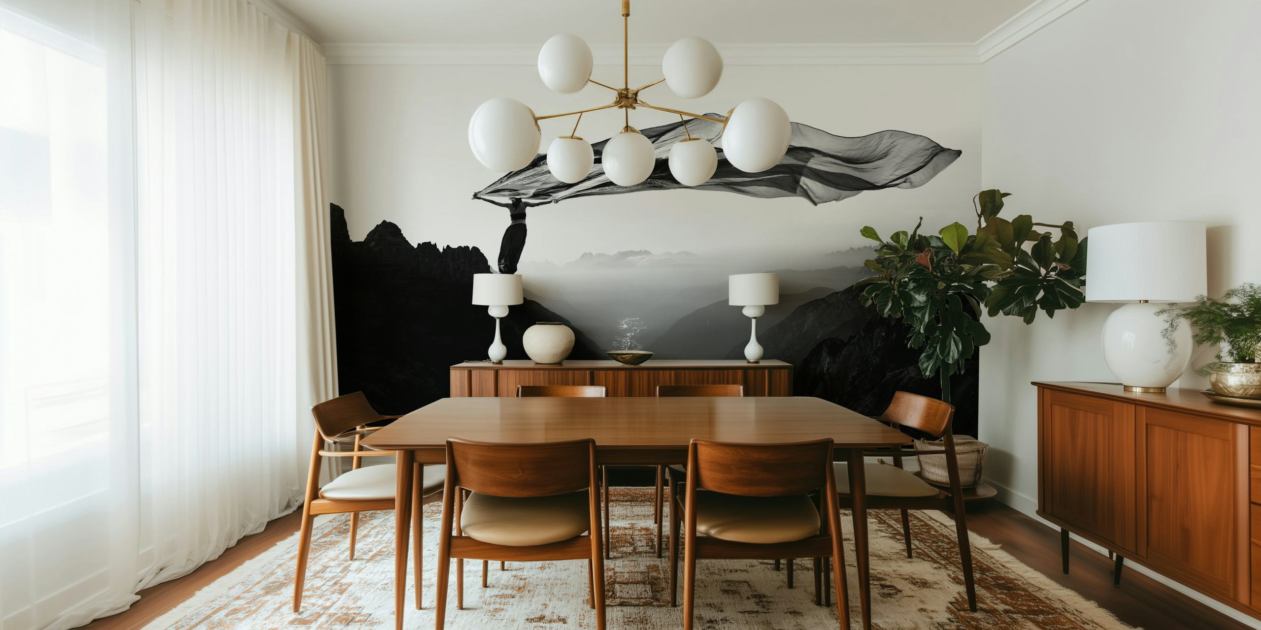 Monochrome fabric blowing in the wind over mountain peaks wall mural