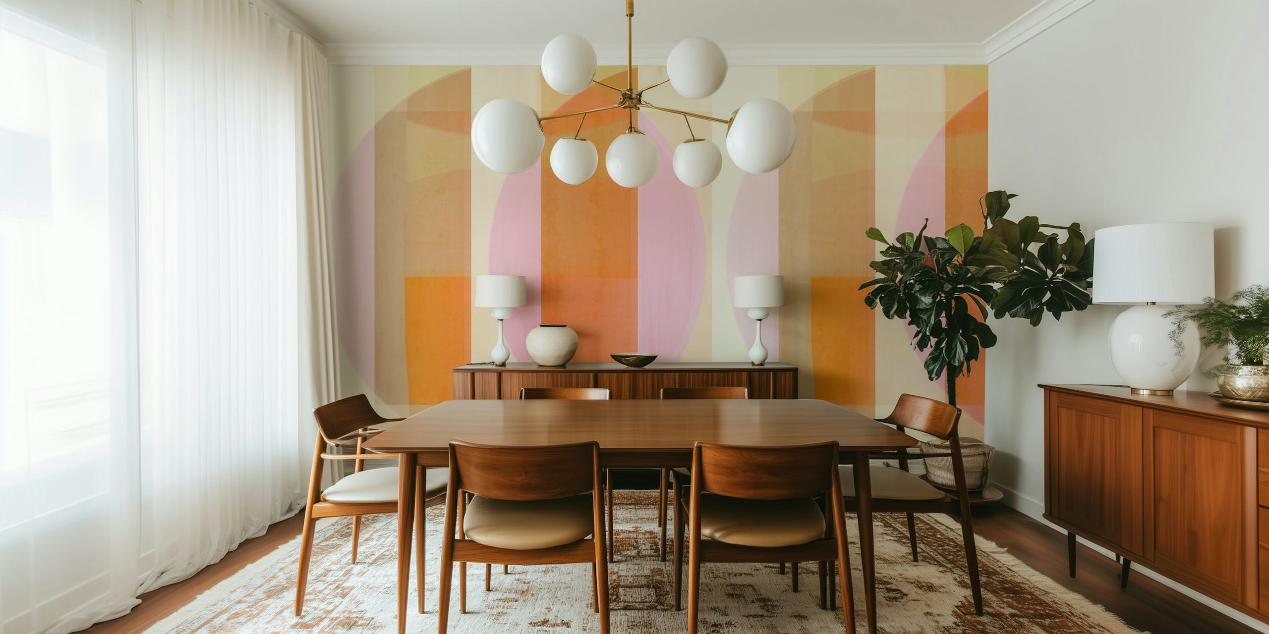 Colorful geometric abstract wallpaper with pink, orange, and muted hues.