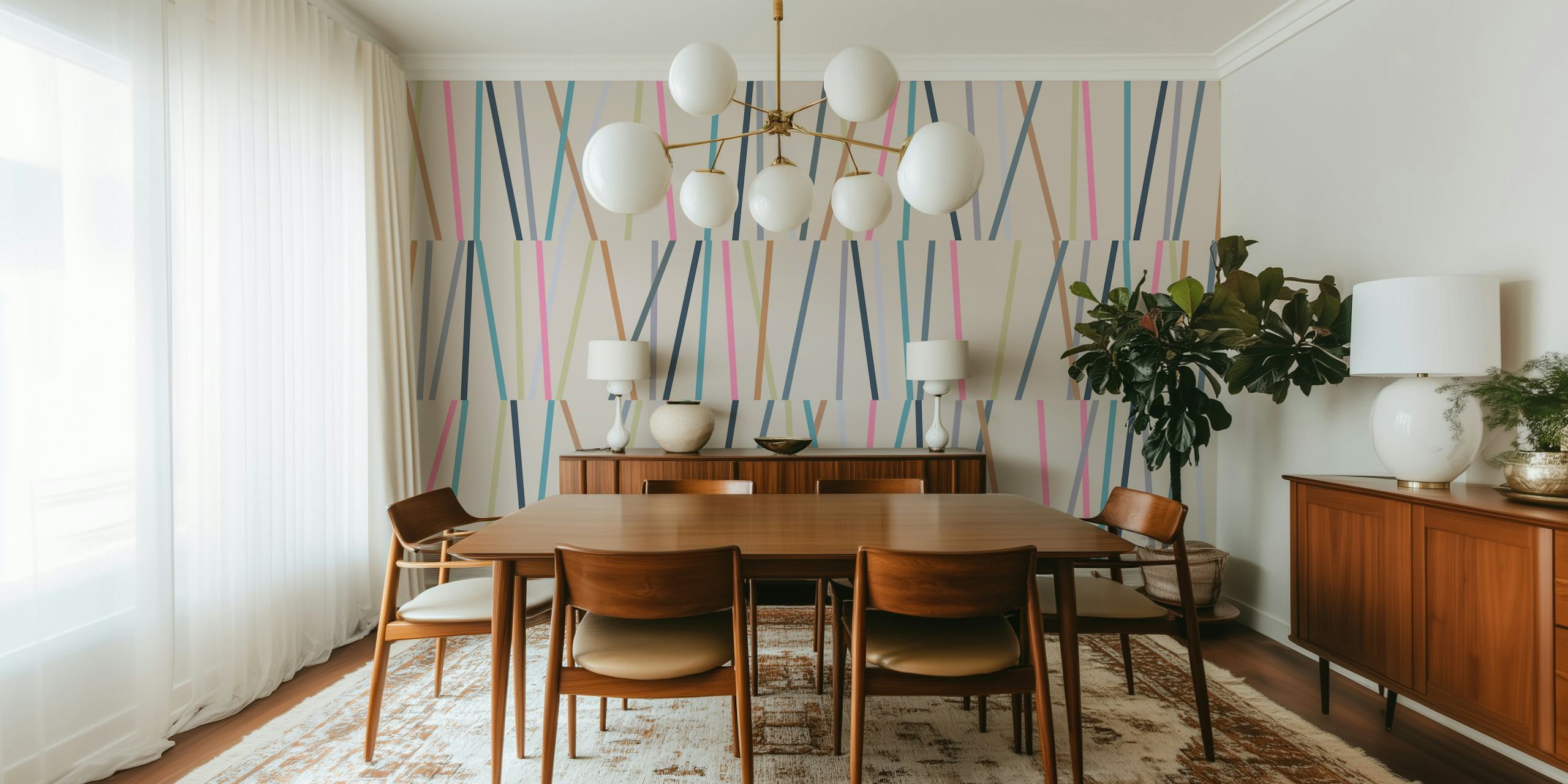 Geometric lines in pink, blue, beige, and green on cream wallpaper